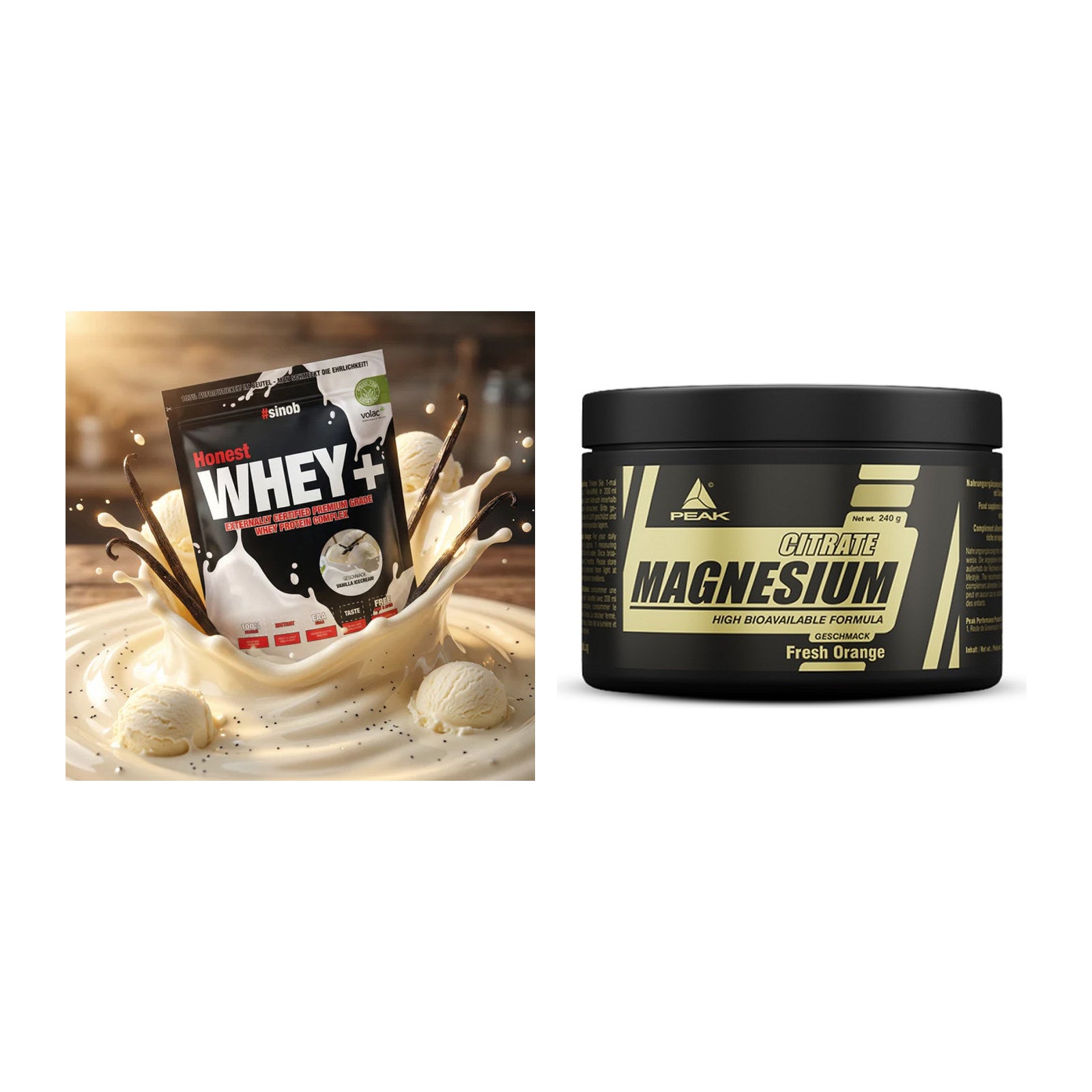 Basis-Set: Sinob Honest Whey+ + Peak Magnesium Citrat – alle enthaltenen Artikel