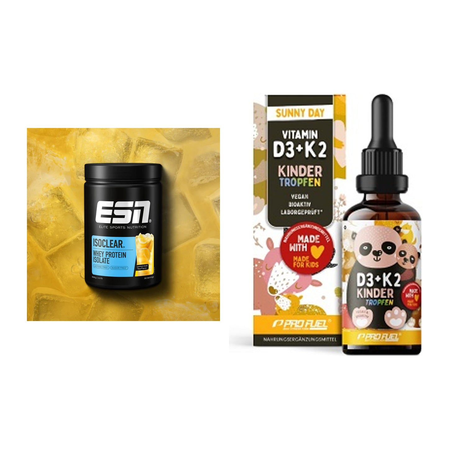 Basis-Set: ESN ISOCLEAR Whey Isolate + ProFuel VITAMIN D3 + K2 Kinder – alle enthaltenen Artikel