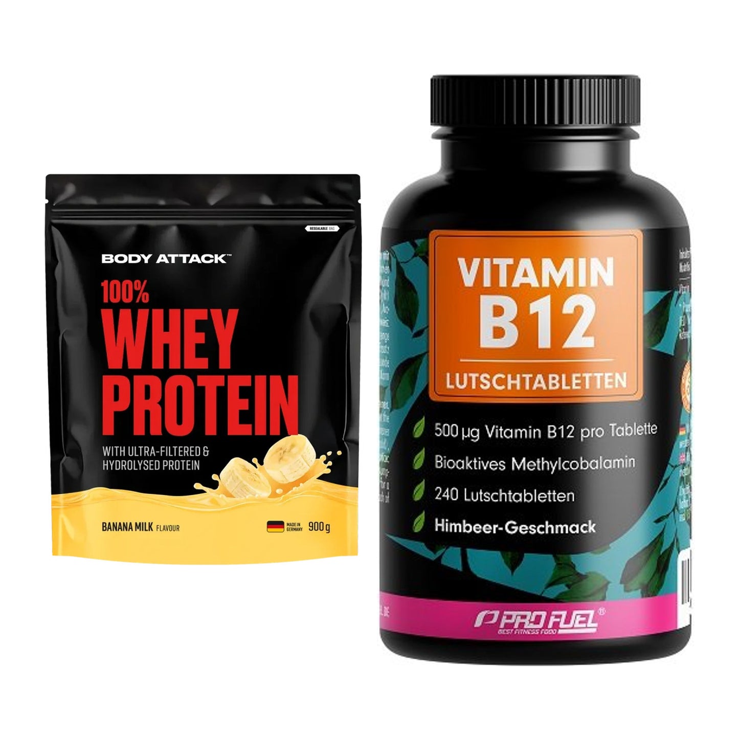 Basis-Set: Body Attack 100% Whey Protein + ProFuel Vitamin B12 240 – alle enthaltenen Artikel