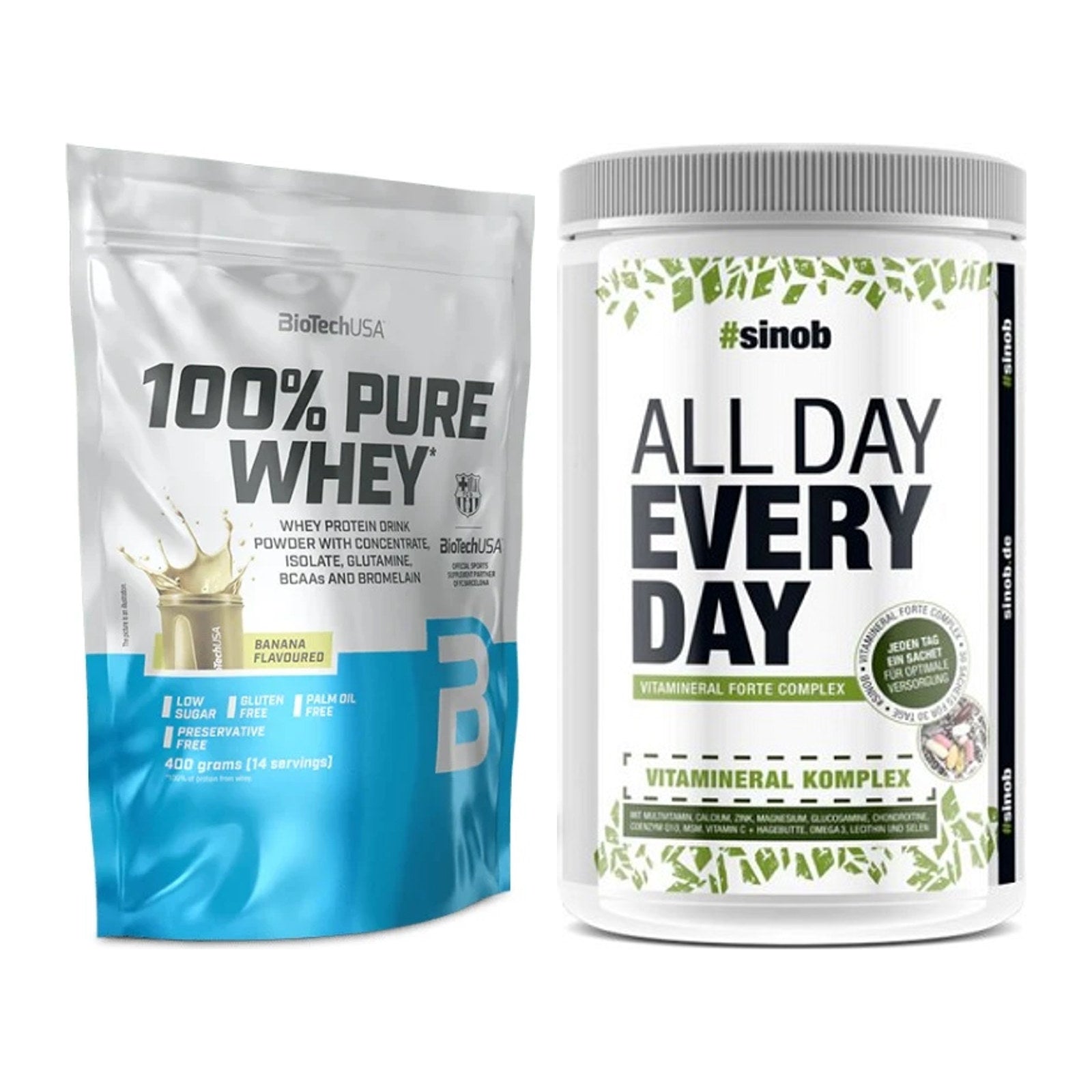 Basis-Set: BioTech 100% Pure Whey + Sinob All Day Every Day 30 Serv. – alle enthaltenen Artikel