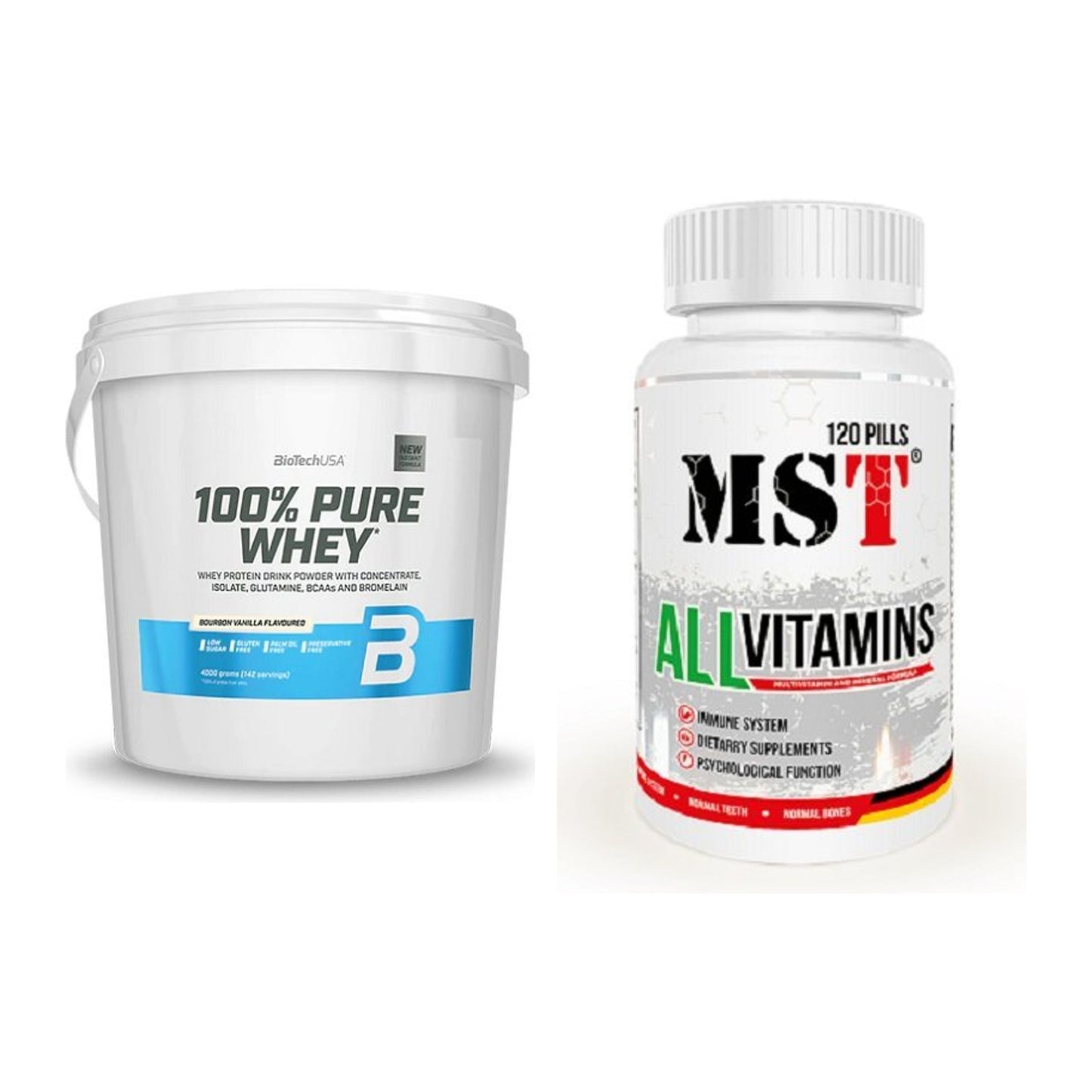 Basis-Set: BioTech 100% Pure Whey + MST All Vitamins 120 Tabl. – alle enthaltenen Artikel