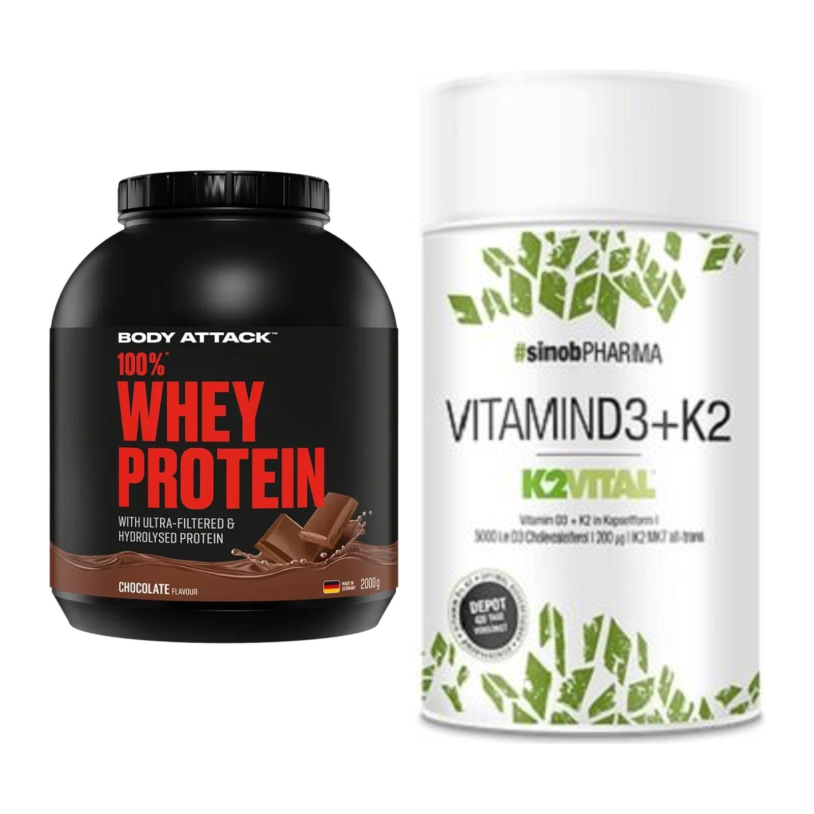 Basis-Set: Body Attack 100% Whey Protein + Sinob Vitamin D3 + K2 – alle enthaltenen Artikel
