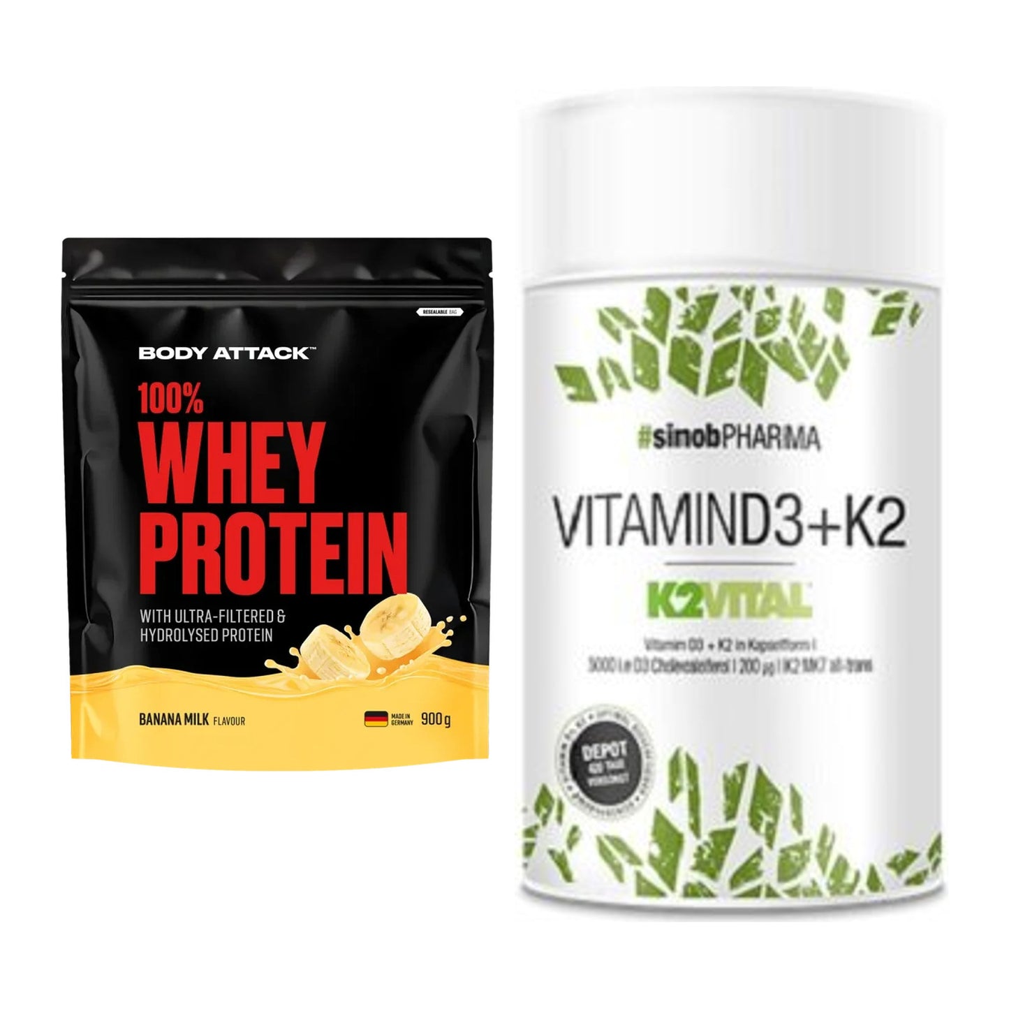 Basis-Set: Body Attack 100% Whey Protein + Sinob Vitamin D3 + K2 – alle enthaltenen Artikel