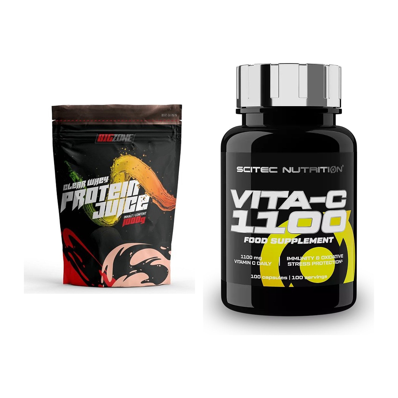 Basis-Set: Big Zone Clear Whey Protein Juice + Scitec Vitamin C 1100 – alle enthaltenen Artikel