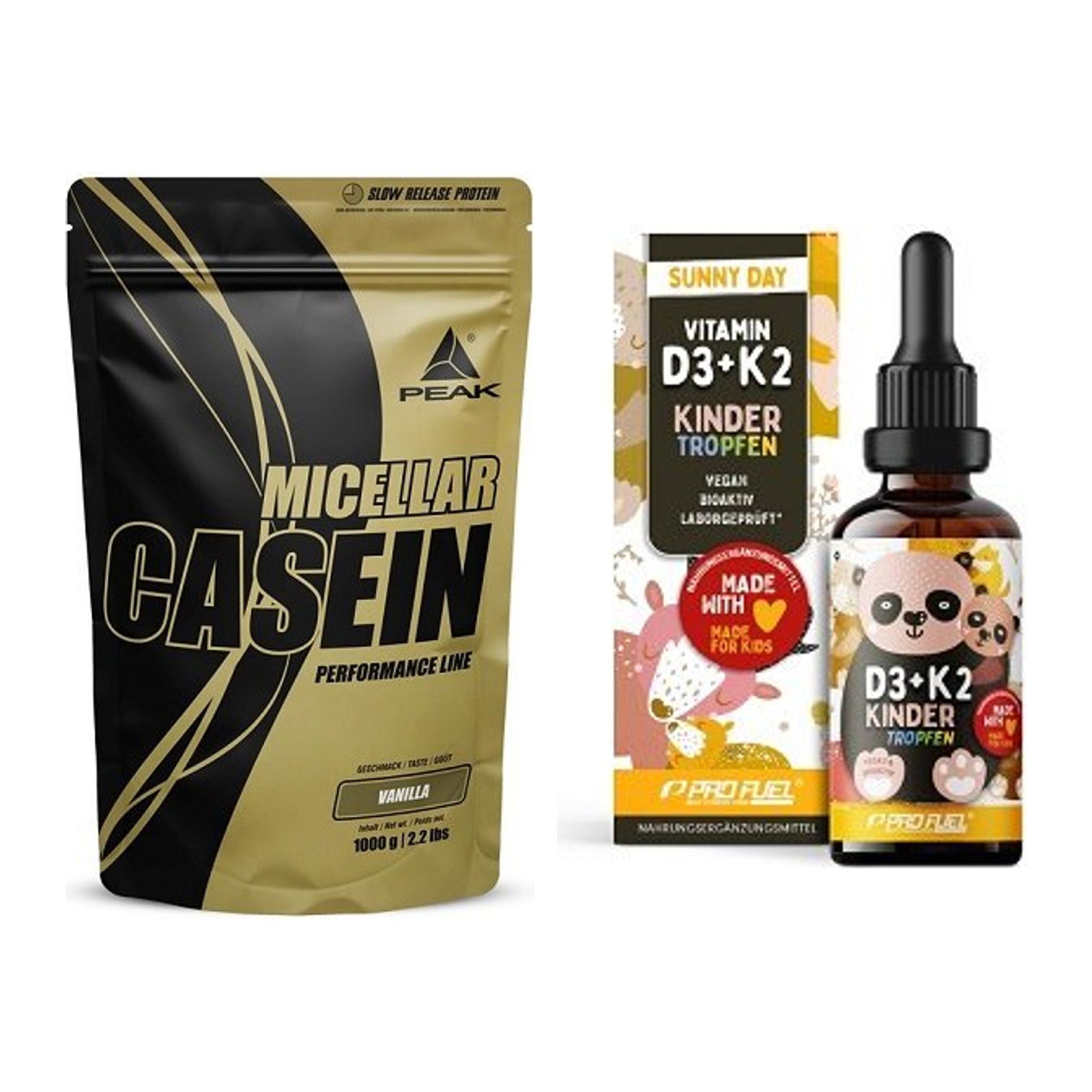 Basis-Set: Peak Micellar Casein + ProFuel VITAMIN D3 + K2 Kinder – alle enthaltenen Artikel