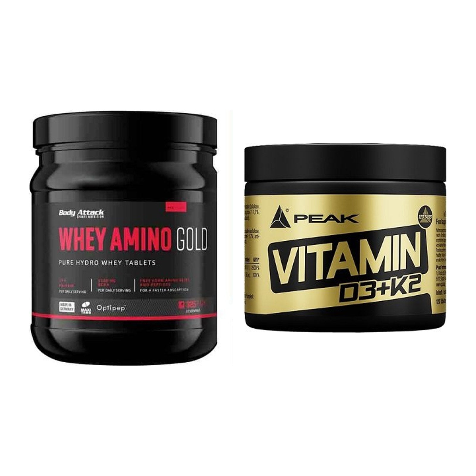 Basis-Set: Body Attack Whey Amino Gold + Peak Vitamin D3+K2 120 Tabl. – alle enthaltenen Artikel