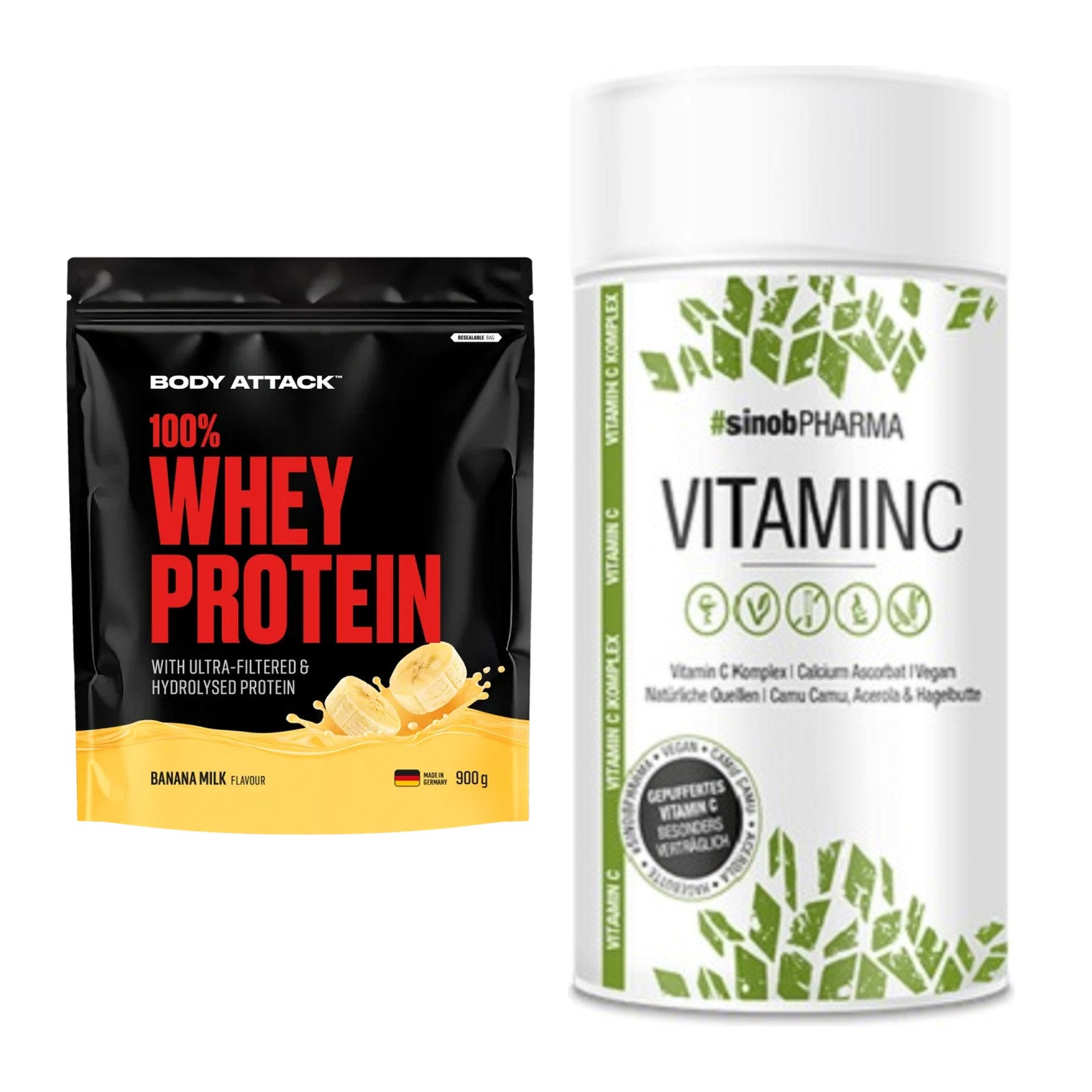 Basis-Set: Body Attack 100% Whey Protein + Sinob Vitamin C – alle enthaltenen Artikel