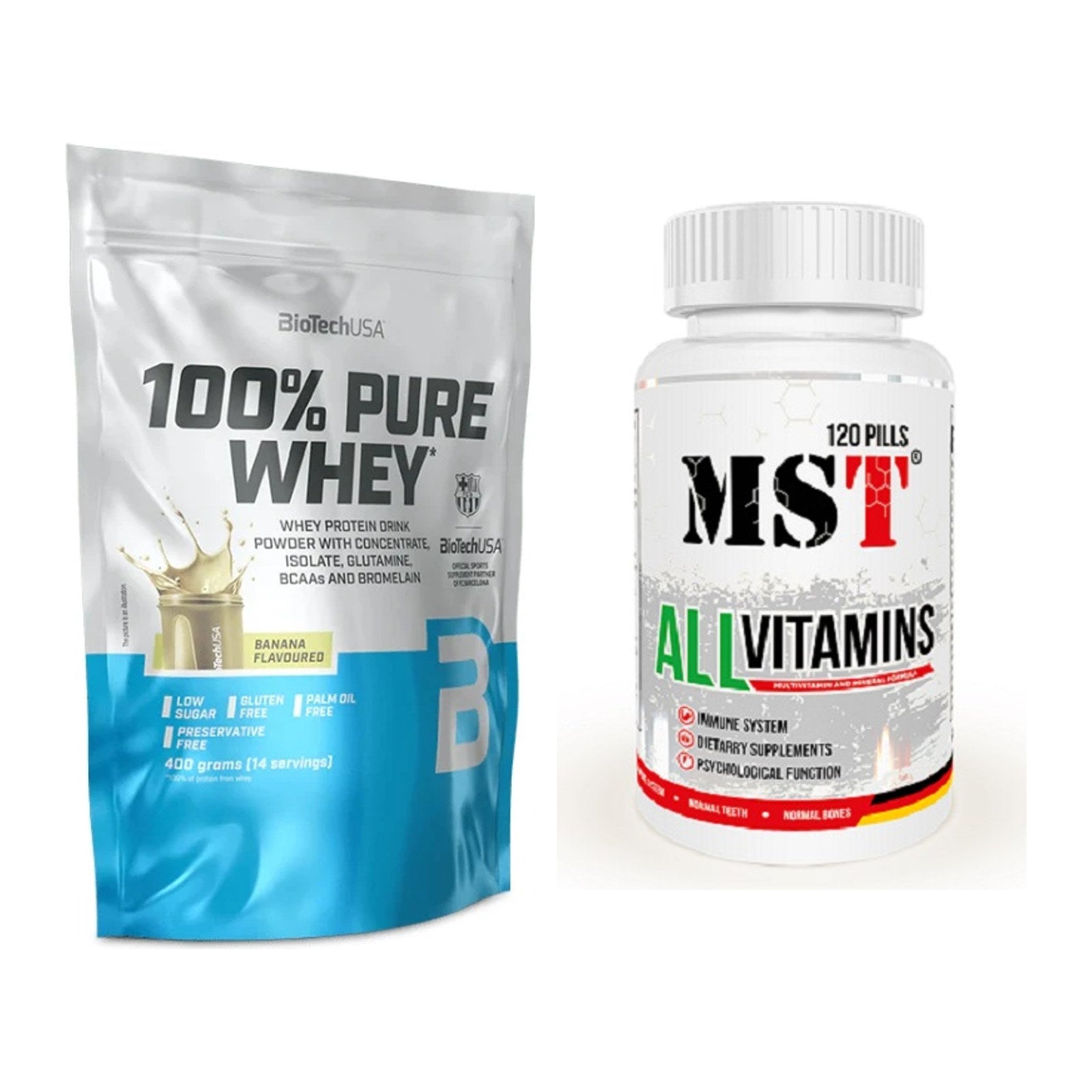 Basis-Set: BioTech 100% Pure Whey + MST All Vitamins 120 Tabl. – alle enthaltenen Artikel