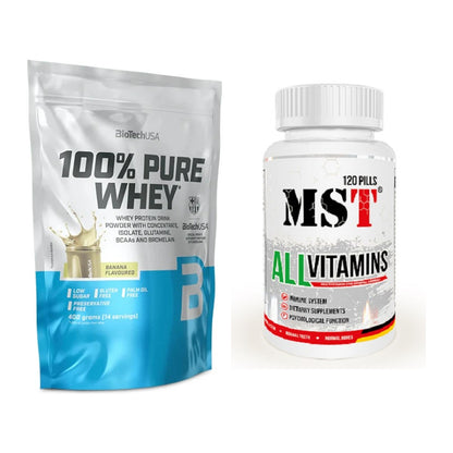 Basis-Set: BioTech 100% Pure Whey + MST All Vitamins 120 Tabl. – alle enthaltenen Artikel
