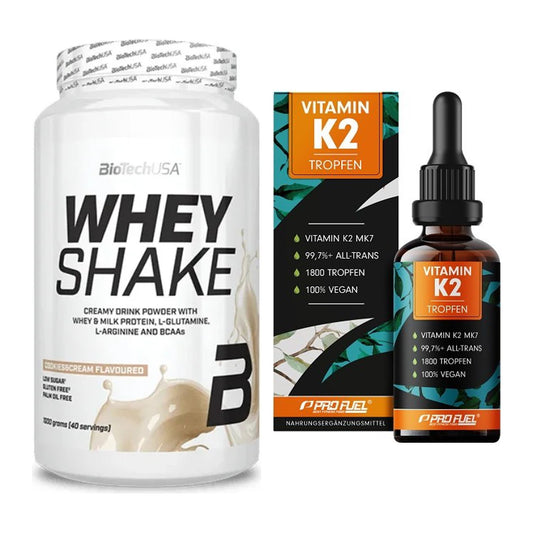 Basis-Set: BioTech Whey Shake + ProFuel Vitamin K2 (1800 Tropfen) – alle enthaltenen Artikel