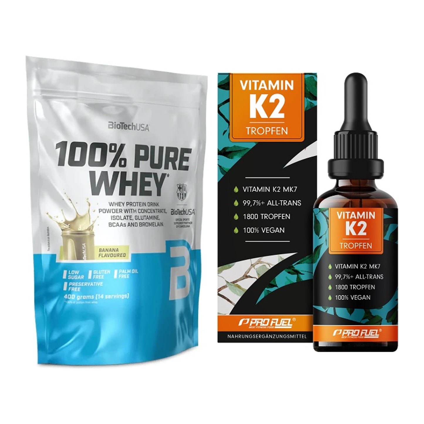 Basis-Set: BioTech 100% Pure Whey + ProFuel Vitamin K2 (1800 Tropfen) – alle enthaltenen Artikel