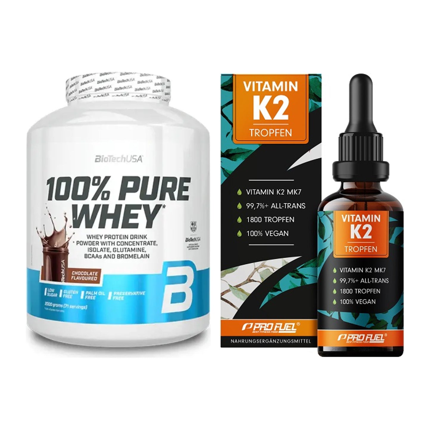 Basis-Set: BioTech 100% Pure Whey + ProFuel Vitamin K2 (1800 Tropfen) – alle enthaltenen Artikel