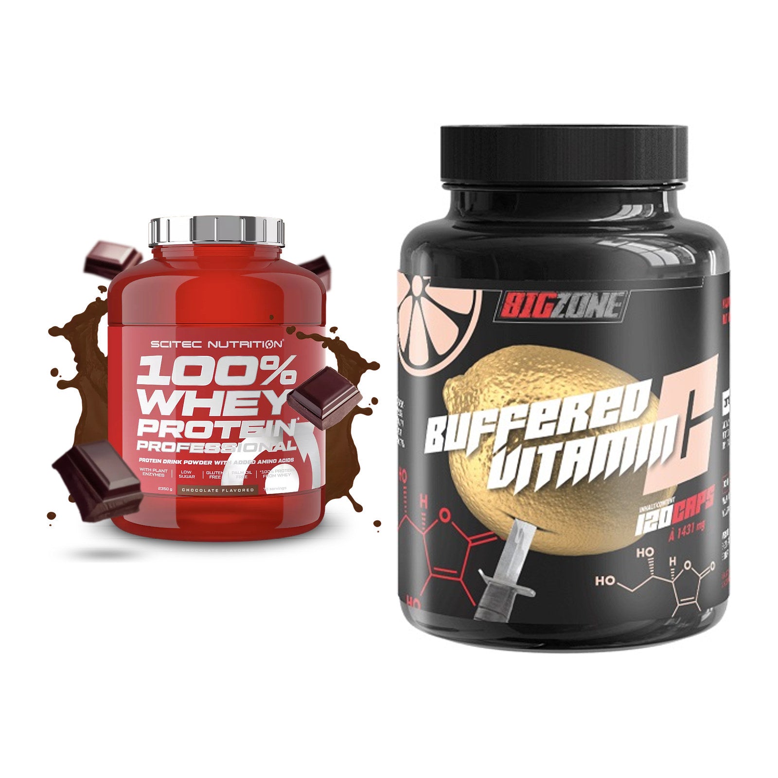 Basis-Set: Scitec 100% Whey Professional + Big Zone Buffered Vitamin C – alle enthaltenen Artikel
