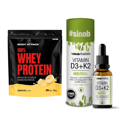 Basis-Set: Body Attack 100% Whey + Sinob Vitamin D3 + K2 – alle enthaltenen Artikel