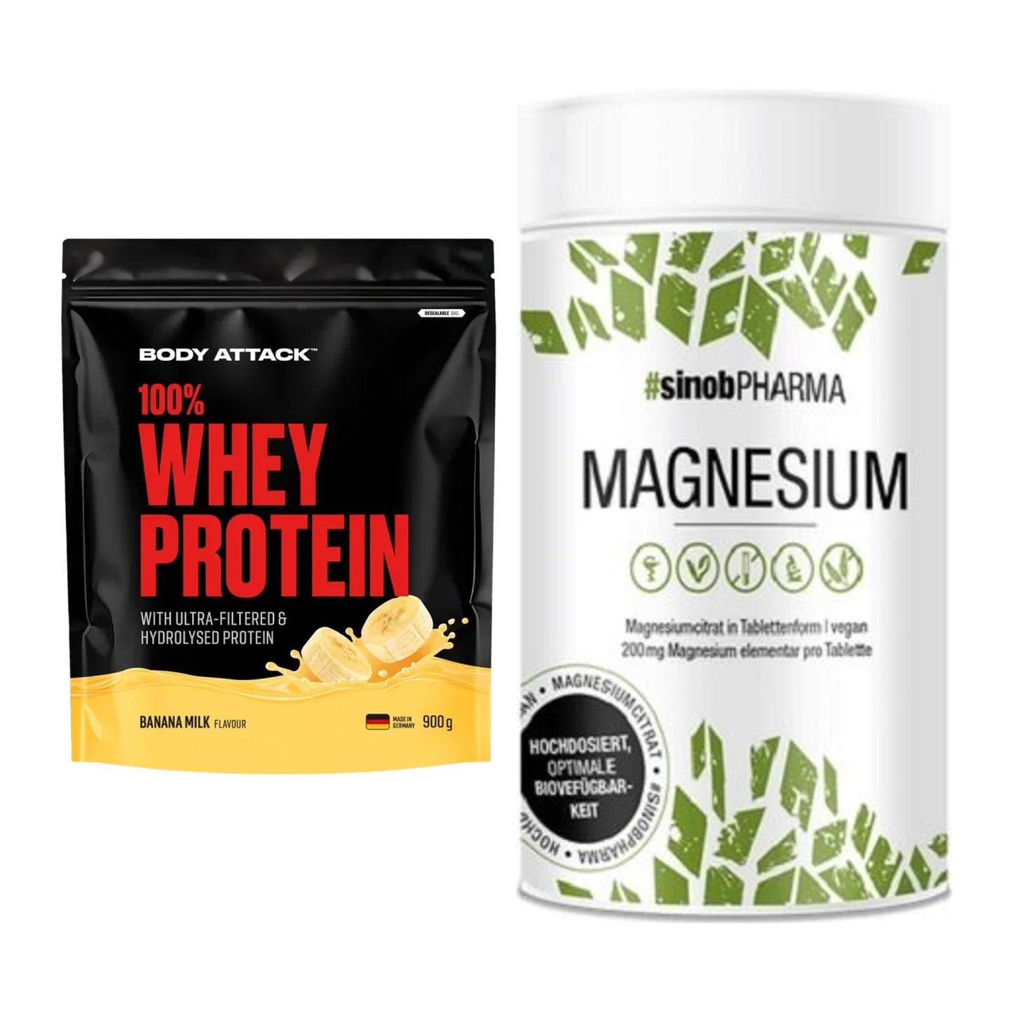 Basis-Set: Body Attack 100% Whey Protein + Sinob Magnesium Citrat – alle enthaltenen Artikel