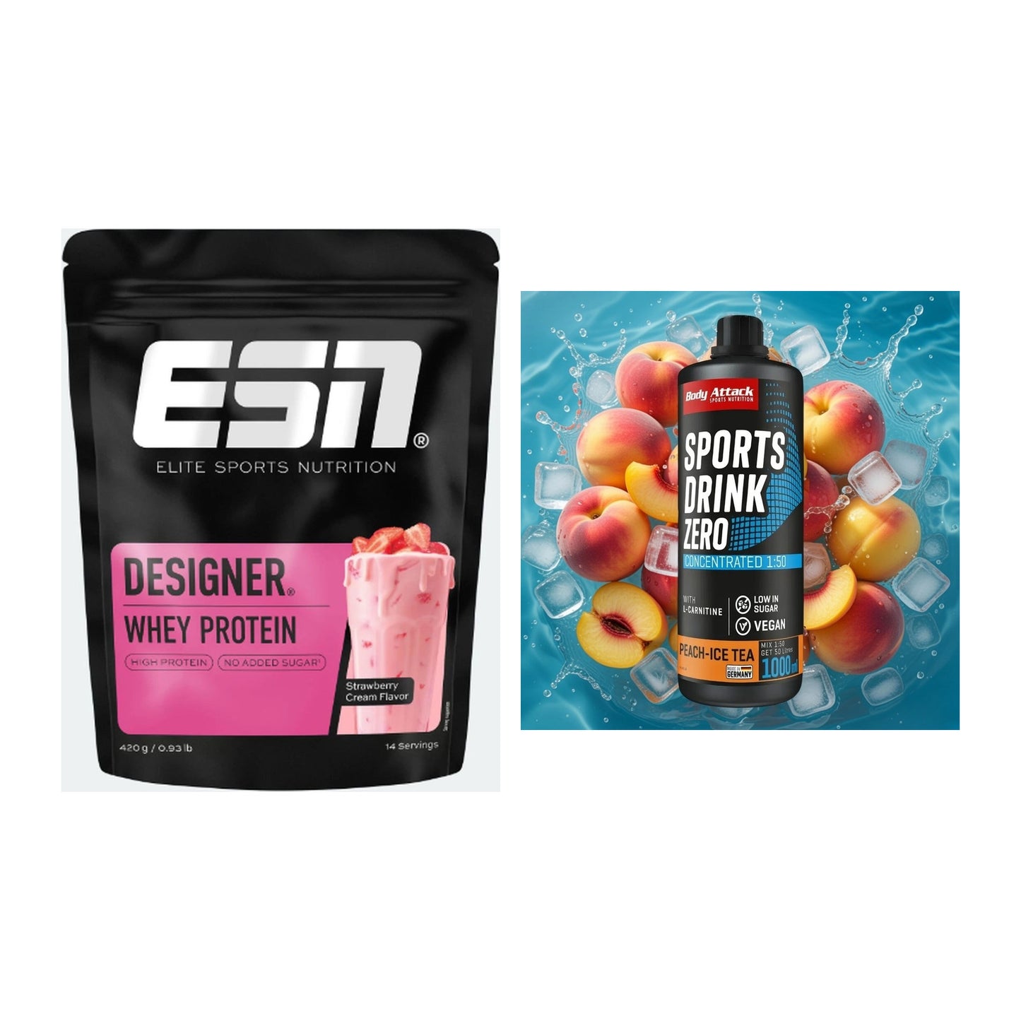 Basis-Set: ESN Designer Whey + Body Attack Sports Drink Zero – alle enthaltenen Artikel