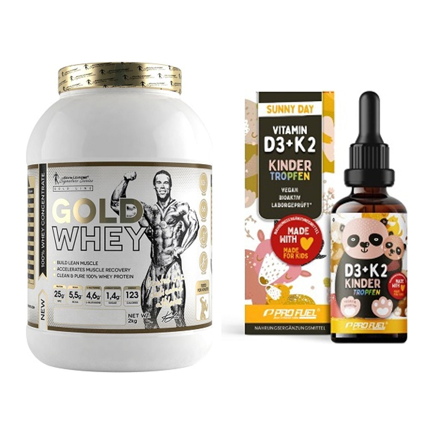 Basis-Set: Kevin Levrone Gold Whey + ProFuel VITAMIN D3 + K2 Kinder – alle enthaltenen Artikel