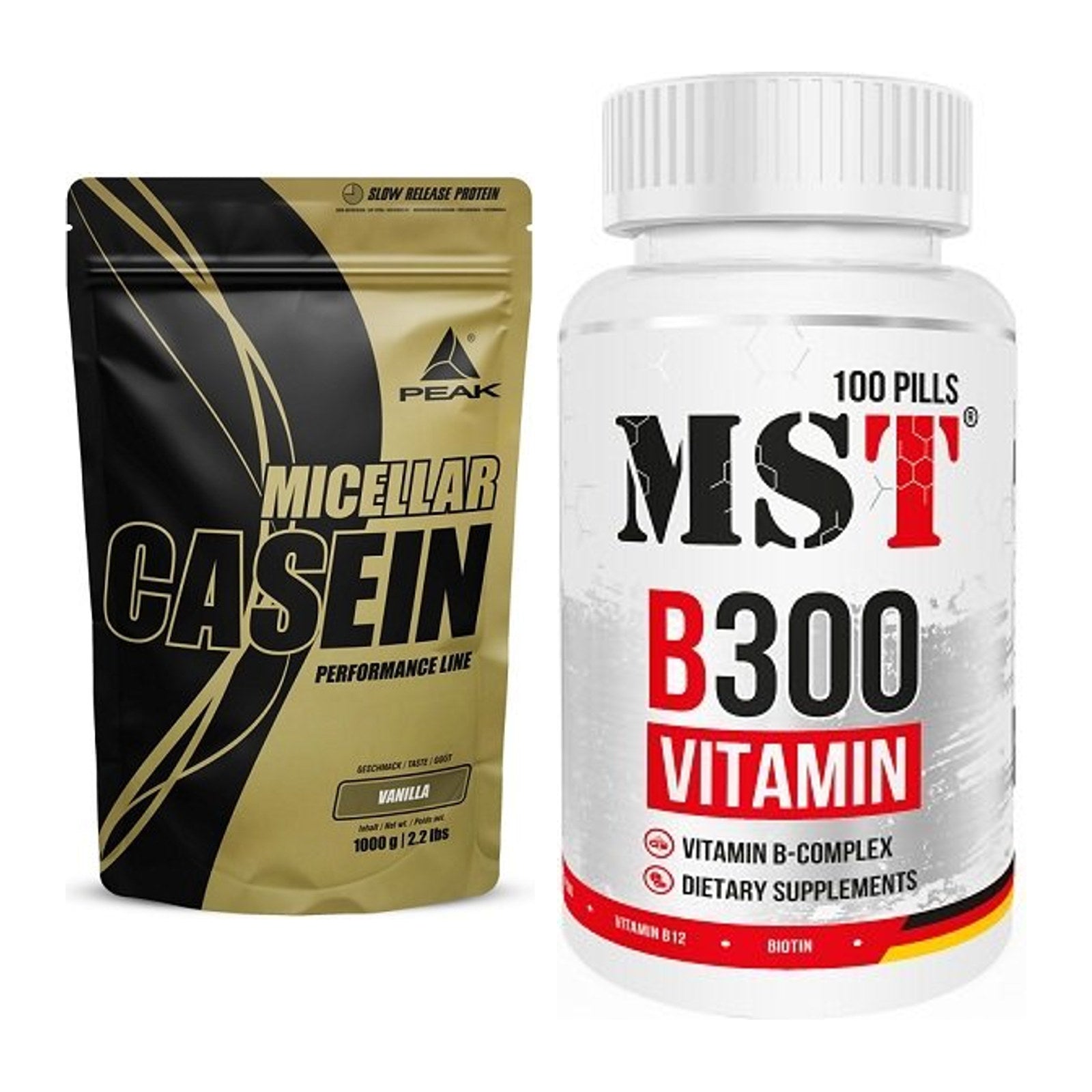 Basis-Set: Peak Micellar Casein + MST B300 B-Complex 100 Pills – alle enthaltenen Artikel