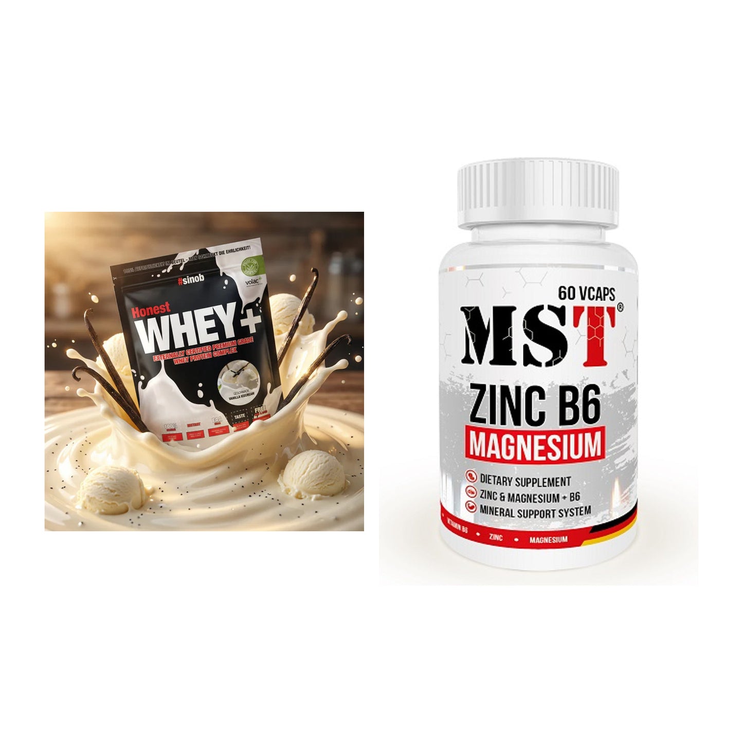Basis-Set: Sinob Honest Whey+ + MST Zinc + Magnesium + B6 60 – alle enthaltenen Artikel