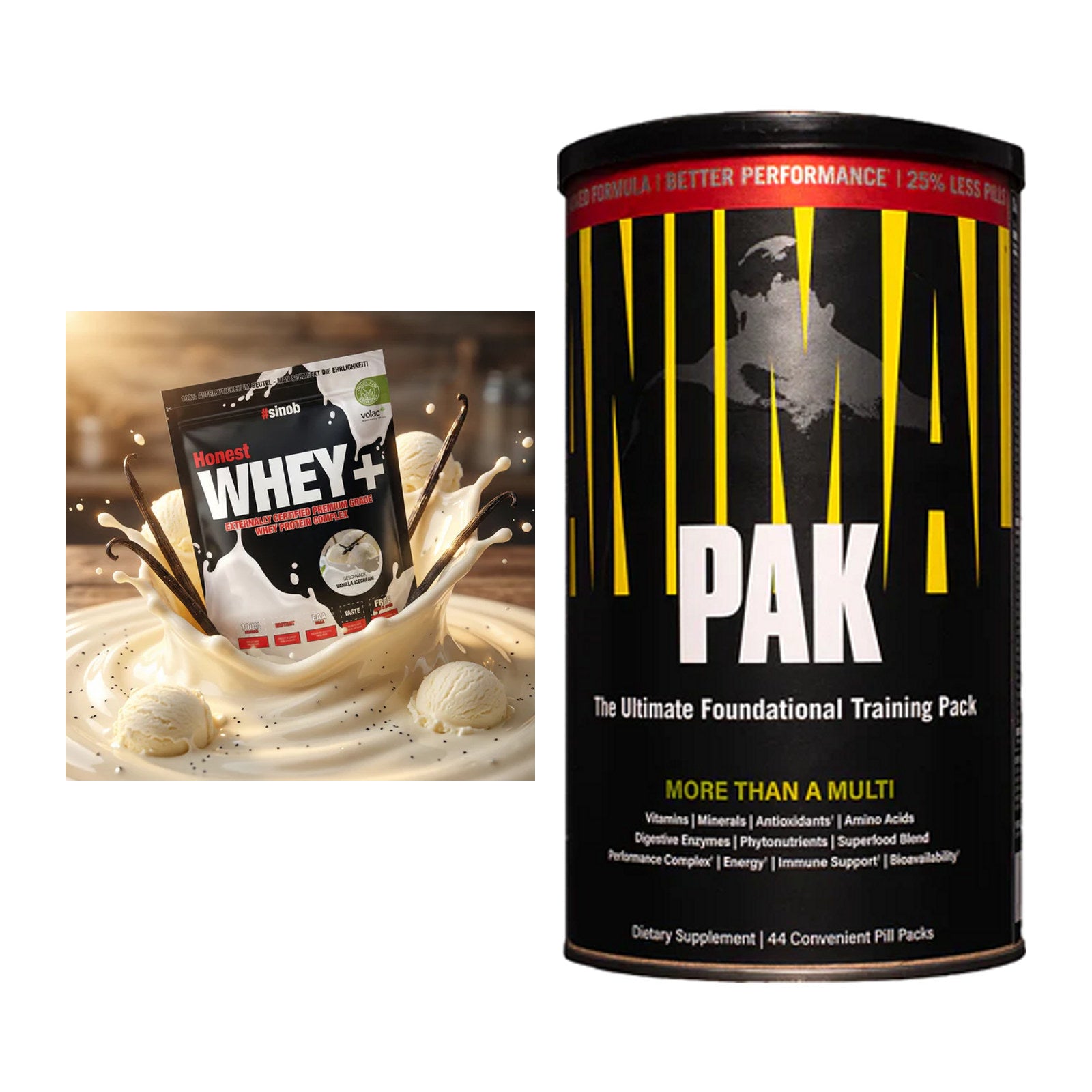 Basis-Set: Sinob Honest Whey+ + Universal Animal Pak 44 Serv. – alle enthaltenen Artikel