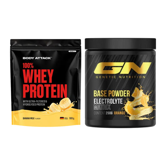 Basis-Set: Body Attack 100% Whey Protein + GN Base Powder – alle enthaltenen Artikel