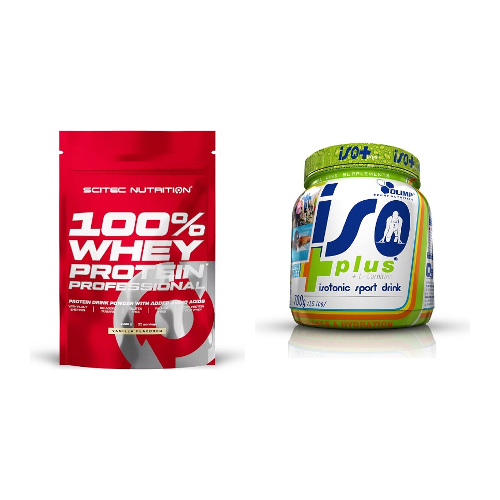 Basis-Set: Scitec 100% Whey Protein + Olimp Iso Plus – alle enthaltenen Artikel