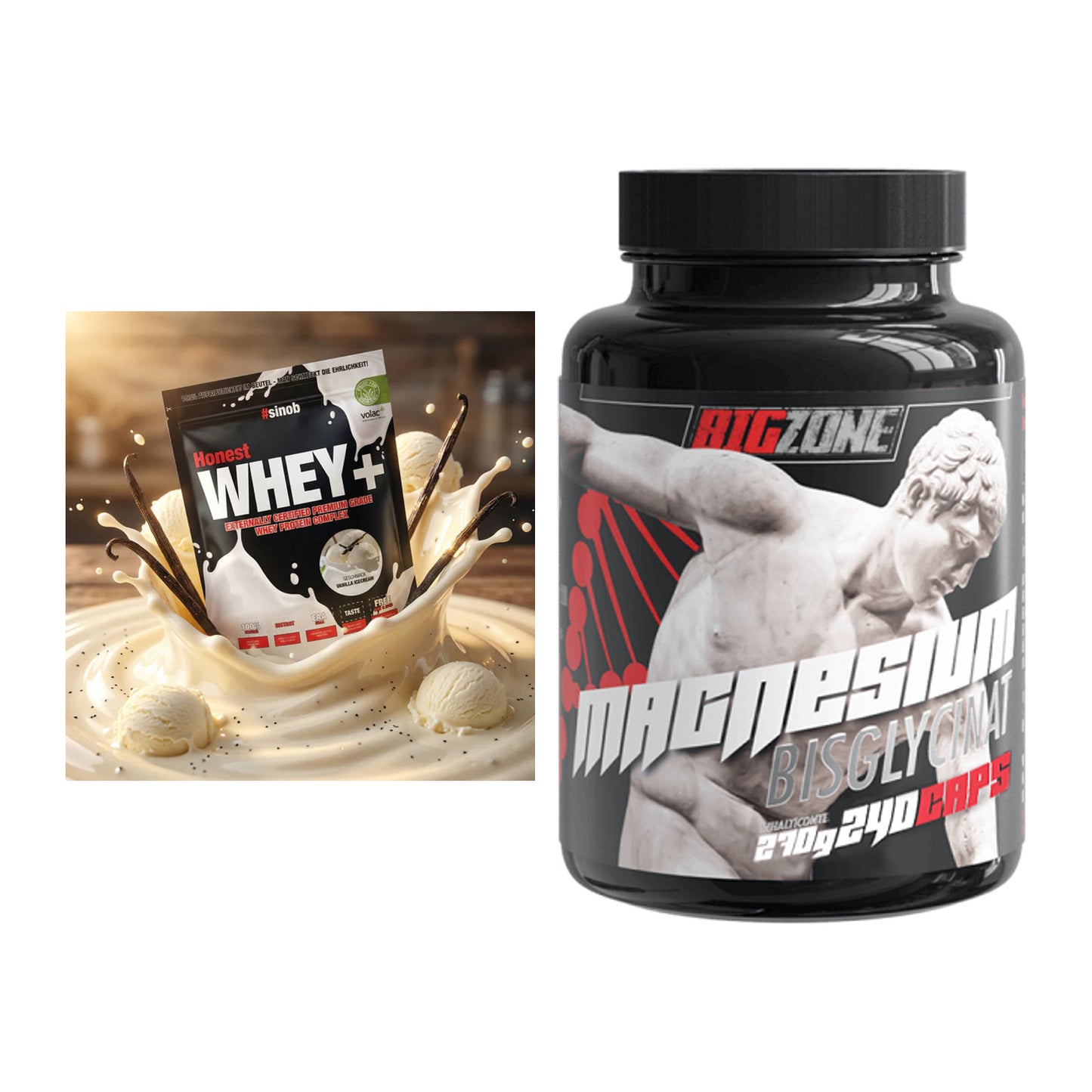 Basis-Set: Sinob Honest Whey+ + Big Zone Magnesium Bisglycinat – alle enthaltenen Artikel