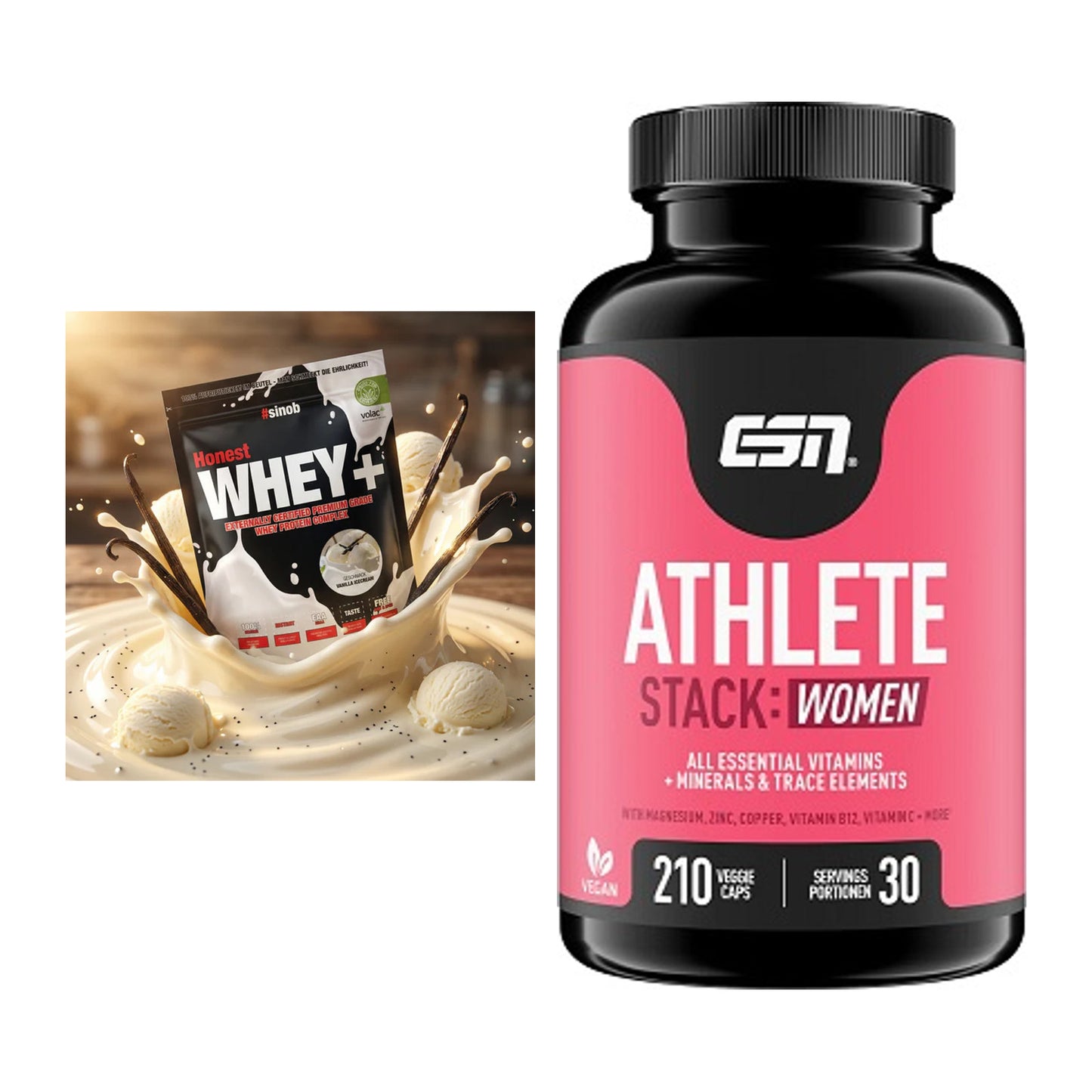 Basis-Set: Sinob Honest Whey+ + ESN Athlete Stack:WOMEN – alle enthaltenen Artikel