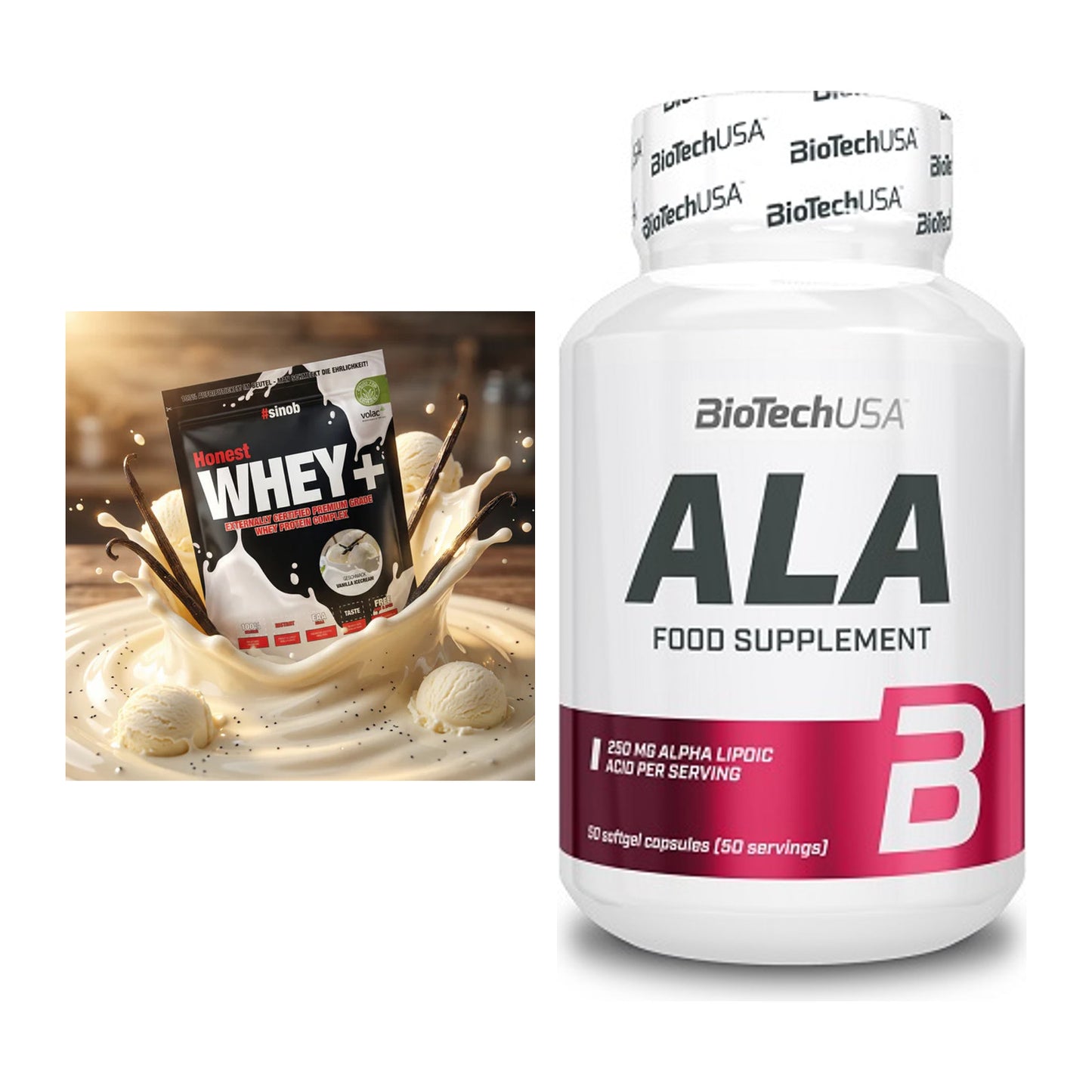 Basis-Set: Sinob Honest Whey+ + BioTech ALA alpha lipoic acid – alle enthaltenen Artikel