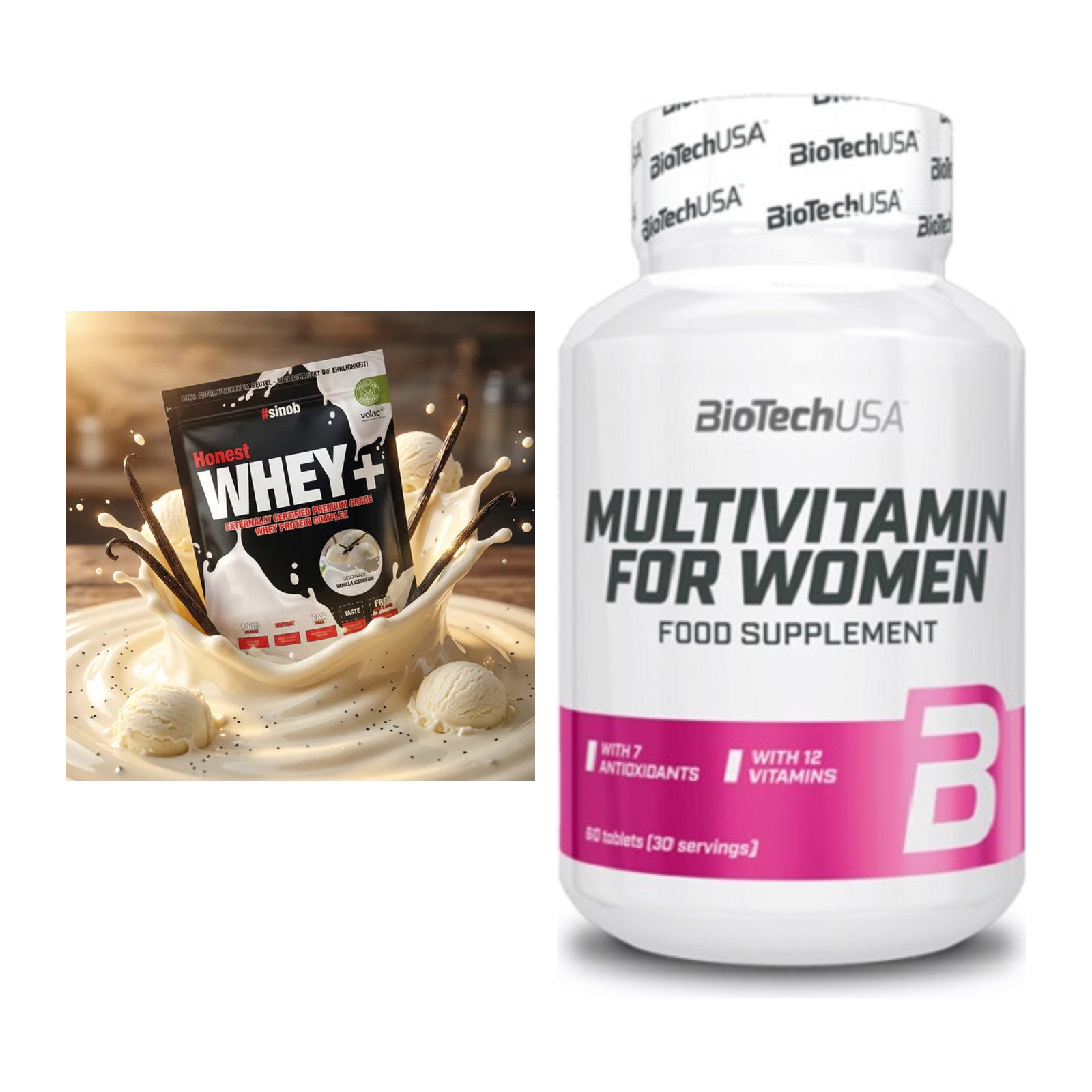 Basis-Set: Sinob Honest Whey+ + BioTech Multivitamin für Frau 60 – alle enthaltenen Artikel