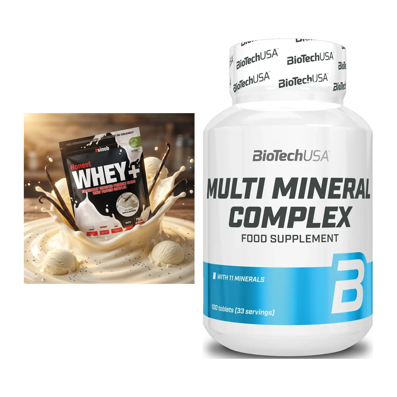 Basis-Set: Sinob Honest Whey+ + BioTech Multi Mineral Complex 100 – alle enthaltenen Artikel
