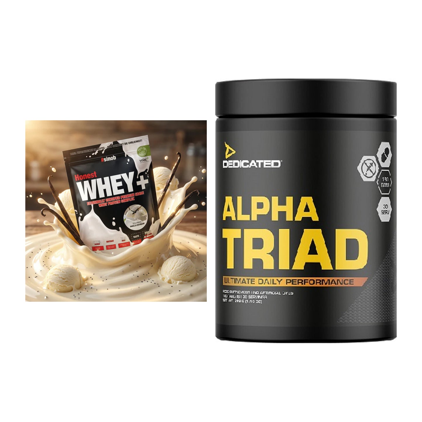 Basis-Set: Sinob Honest Whey+ + Dedicated Alpha Triad 180 Tabl. – alle enthaltenen Artikel