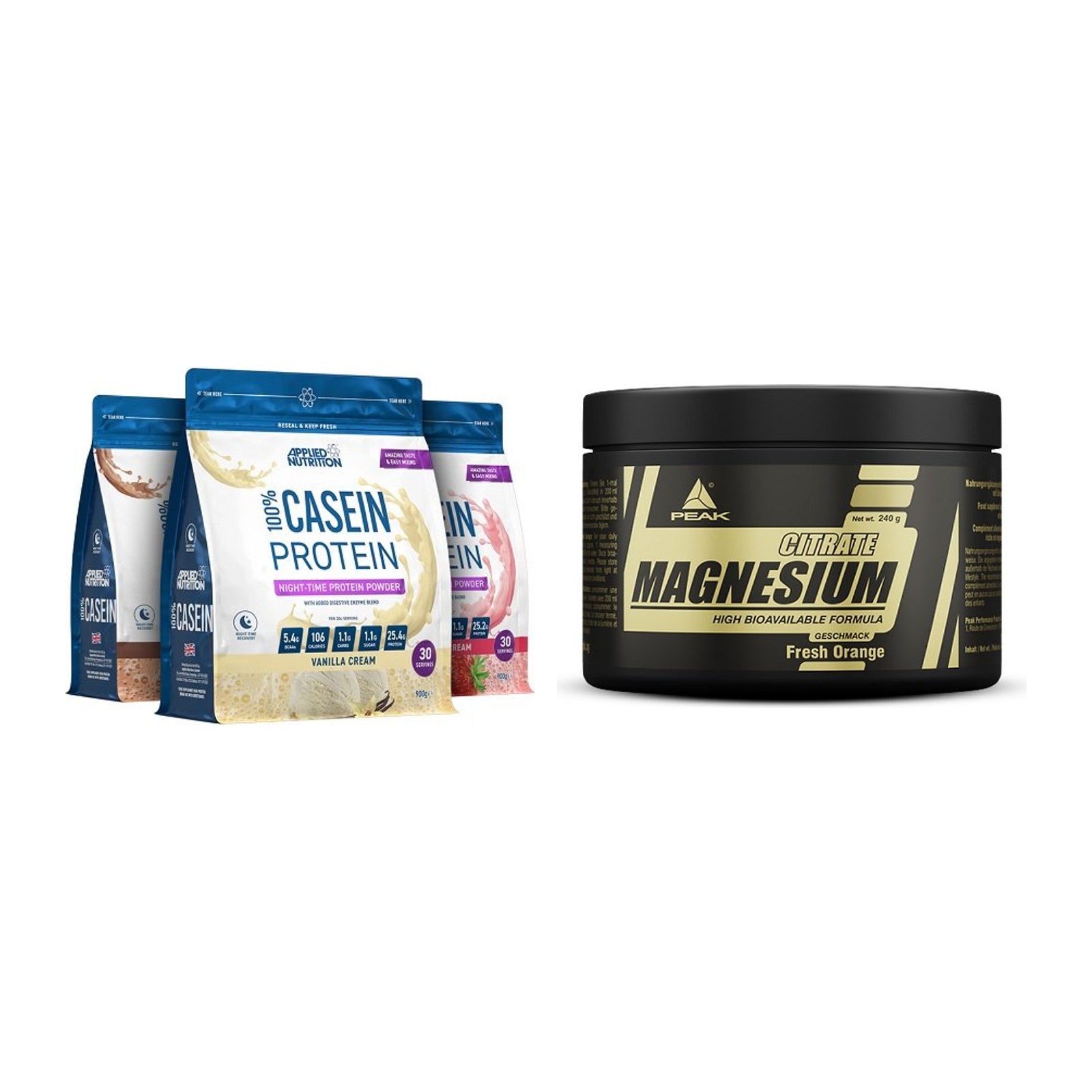 Basis-Set: Applied Nutrition 100% Casein + Peak Magnesium Citrat – alle enthaltenen Artikel