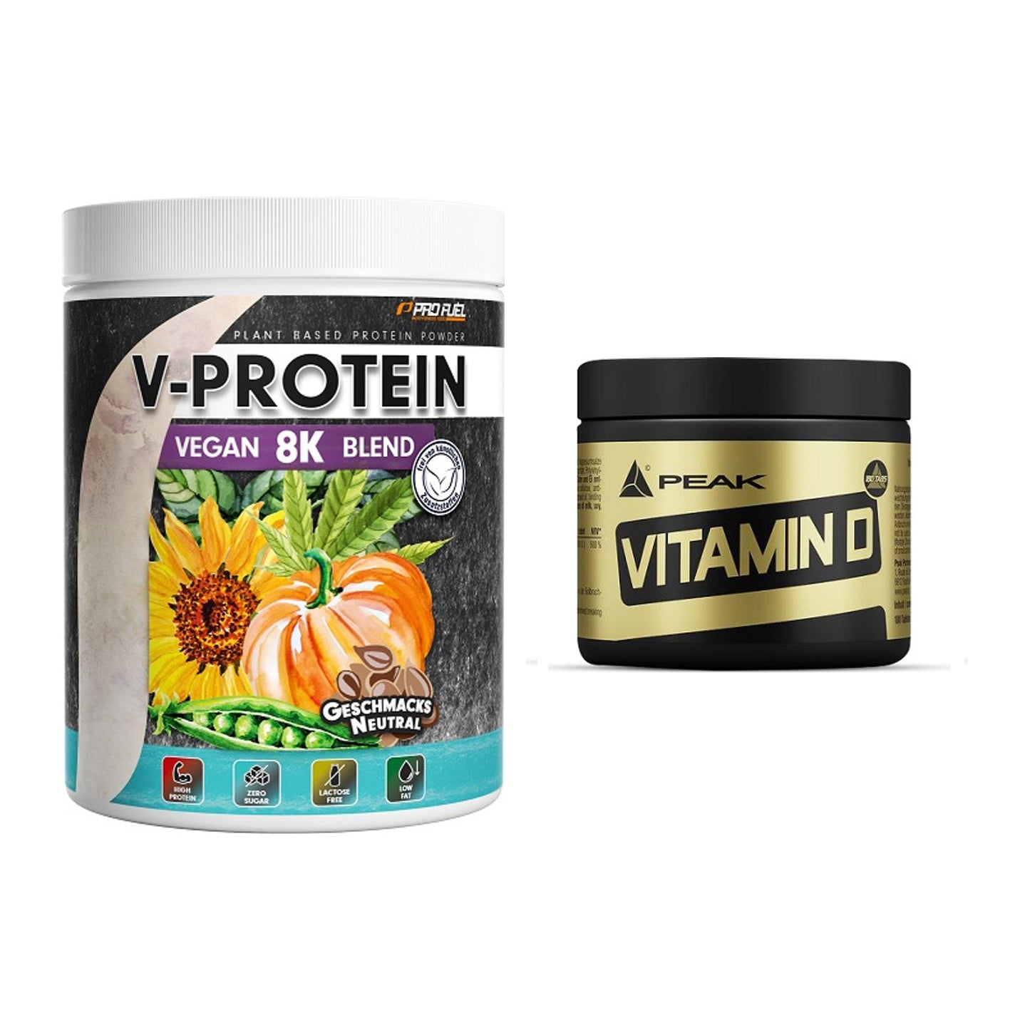 Basis-Set: ProFuel V-Protein Vegan 8K Blend + Peak Vitamin D 180 Tabl. – alle enthaltenen Artikel