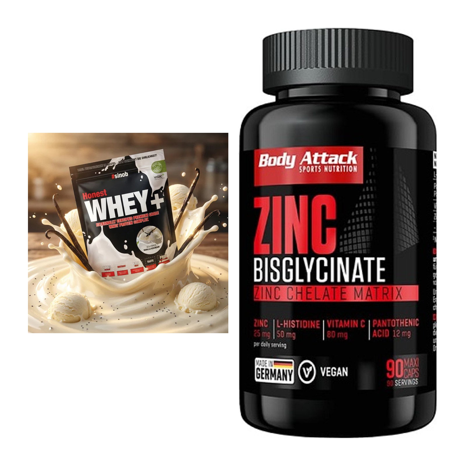 Basis-Set: Sinob Honest Whey+ + Body Attack Zink Bisglycinate – alle enthaltenen Artikel