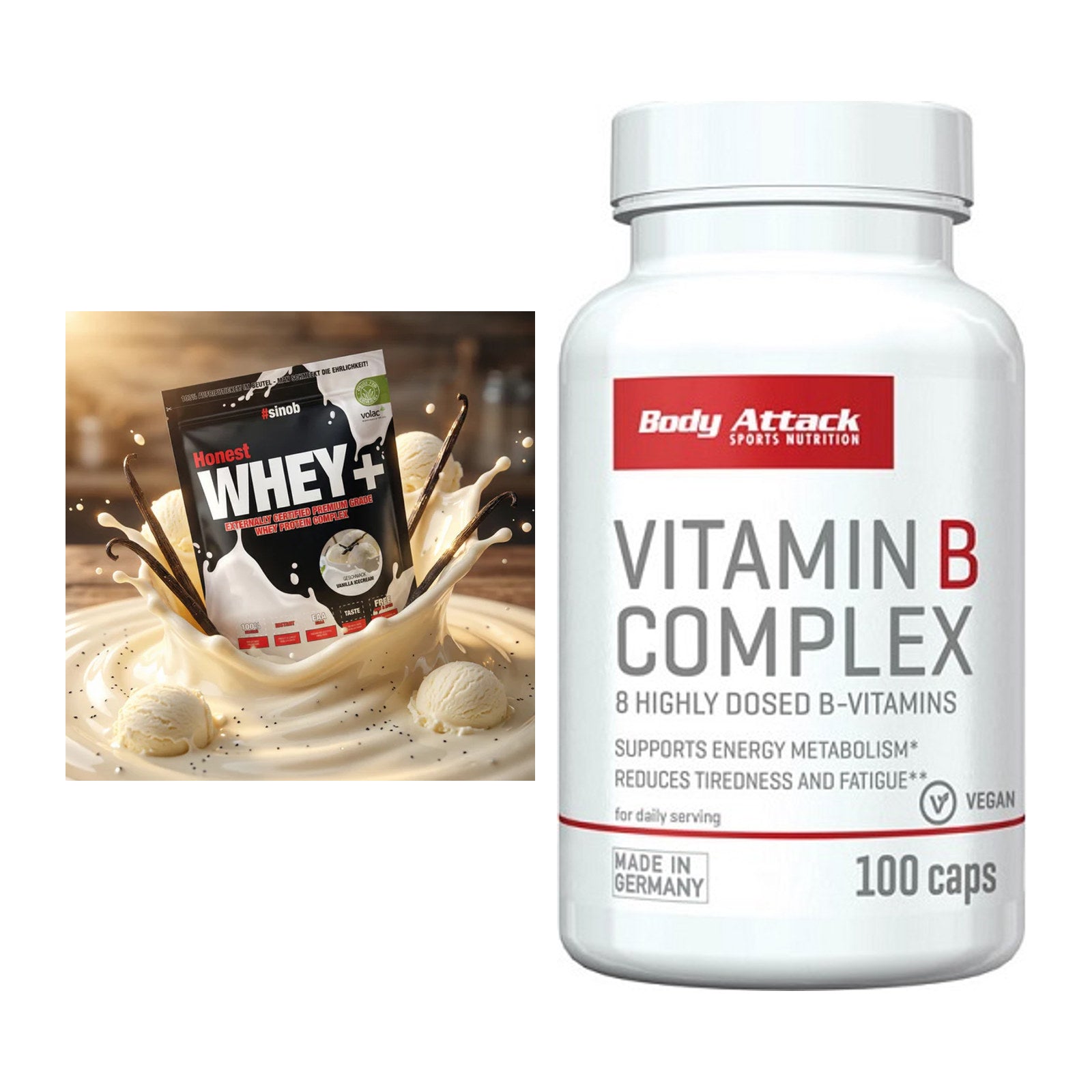 Basis-Set: Sinob Honest Whey+ + Body Attack Vitamin B-Complex – alle enthaltenen Artikel