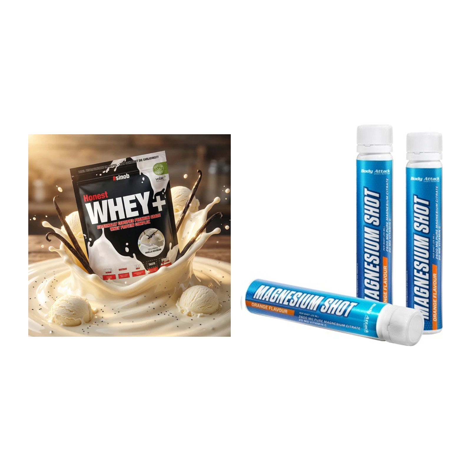 Basis-Set: Sinob Honest Whey+ + Body Attack Magnesium Shots – alle enthaltenen Artikel