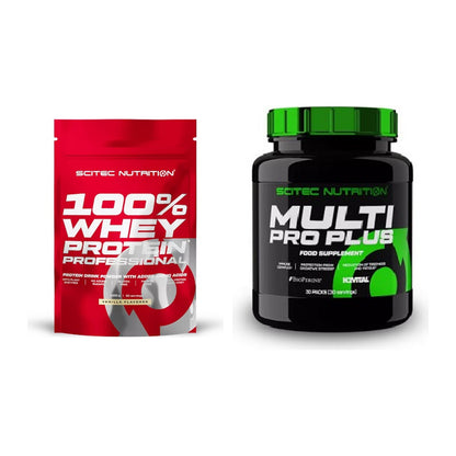 Basis-Set: Scitec 100% Whey Protein + Scitec Multi Pro Plus 30 Packs – alle enthaltenen Artikel