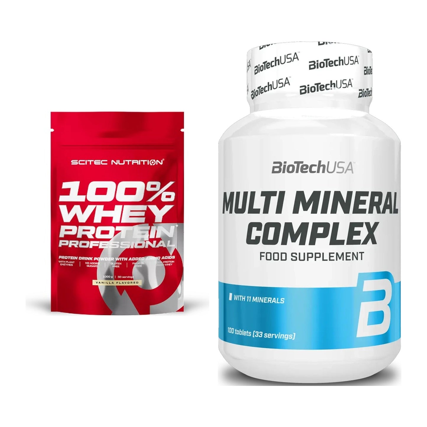 Basis-Set: Scitec 100% Whey Protein + BioTech Multi Mineral – alle enthaltenen Artikel