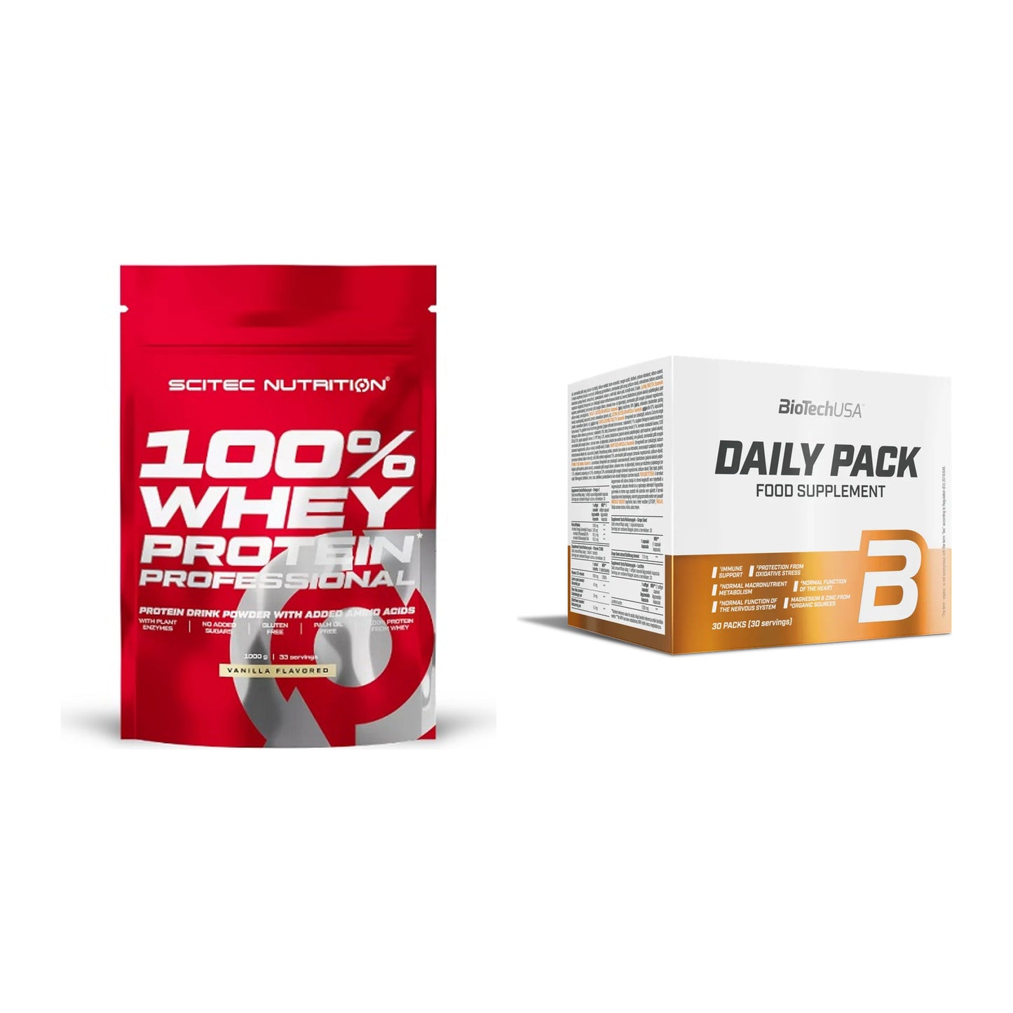 Basis-Set: Scitec 100% Whey Protein + BioTech Daily Packs 30 Packs – alle enthaltenen Artikel