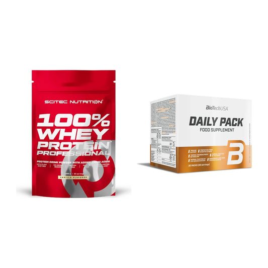 Basis-Set: Scitec 100% Whey Protein + BioTech Daily Packs 30 Packs – alle enthaltenen Artikel
