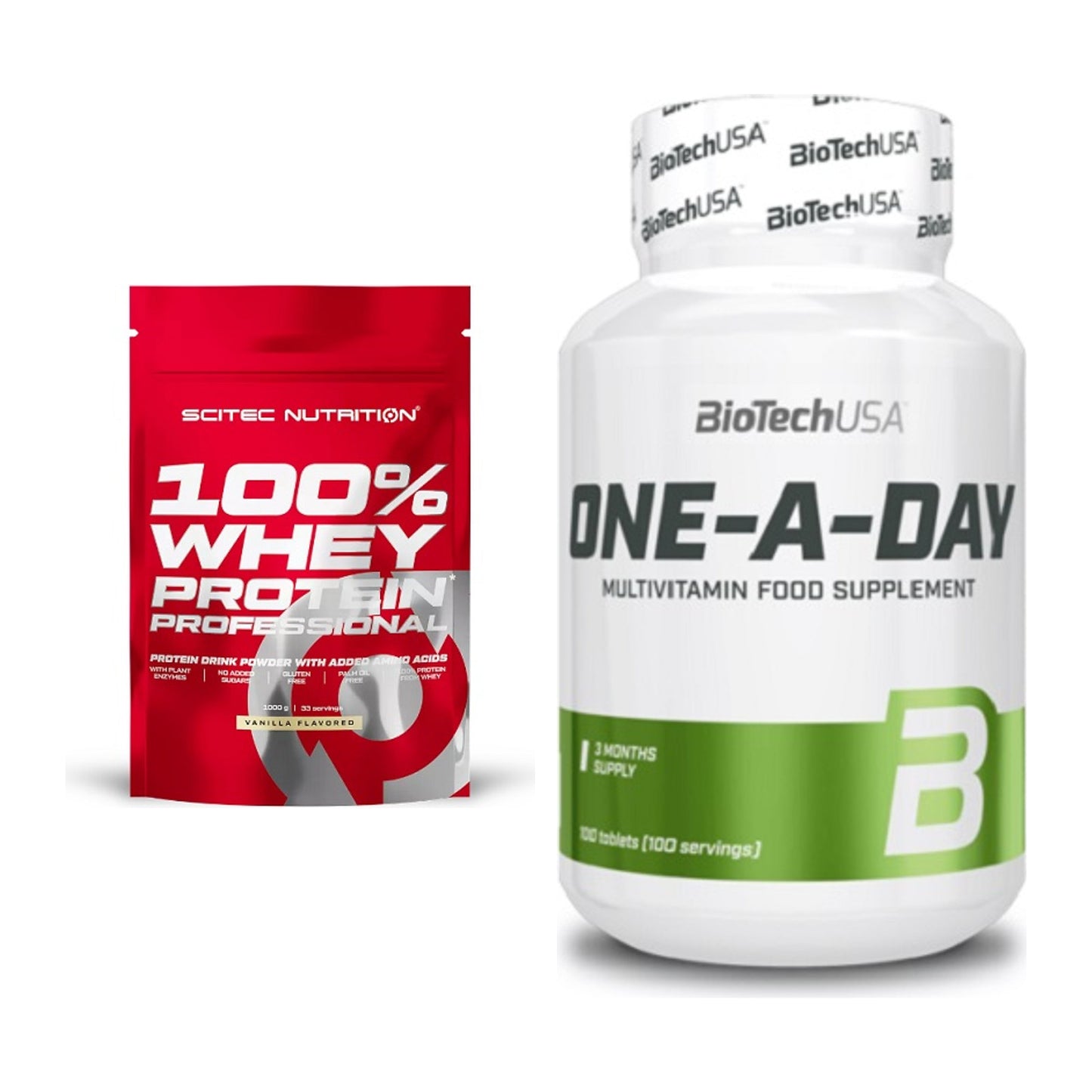 Basis-Set: Scitec 100% Whey Protein + BioTech One A Day 100 Tabl. – alle enthaltenen Artikel