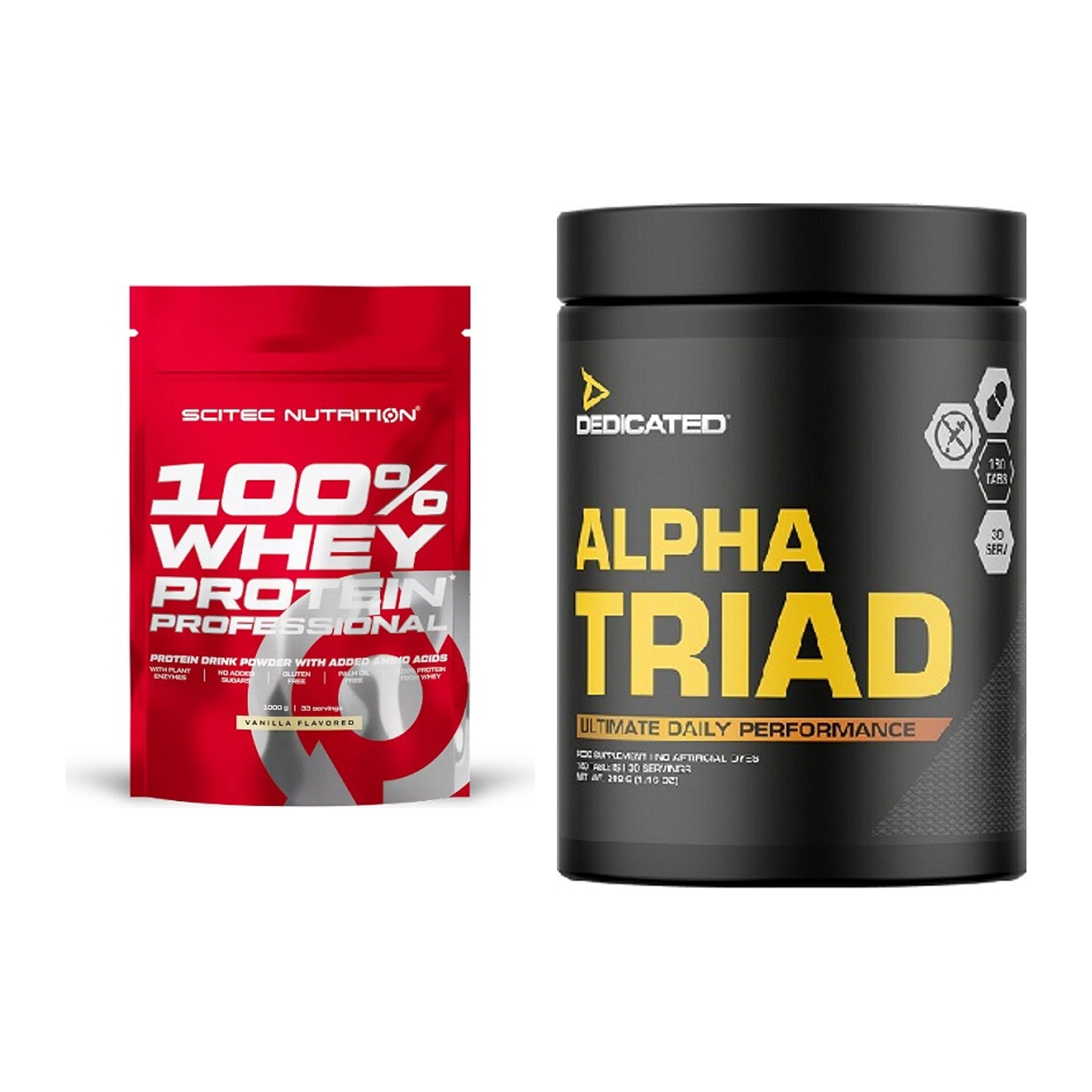 Basis-Set: Scitec 100% Whey Protein + Dedicated Alpha Triad 180 Tabl. – alle enthaltenen Artikel
