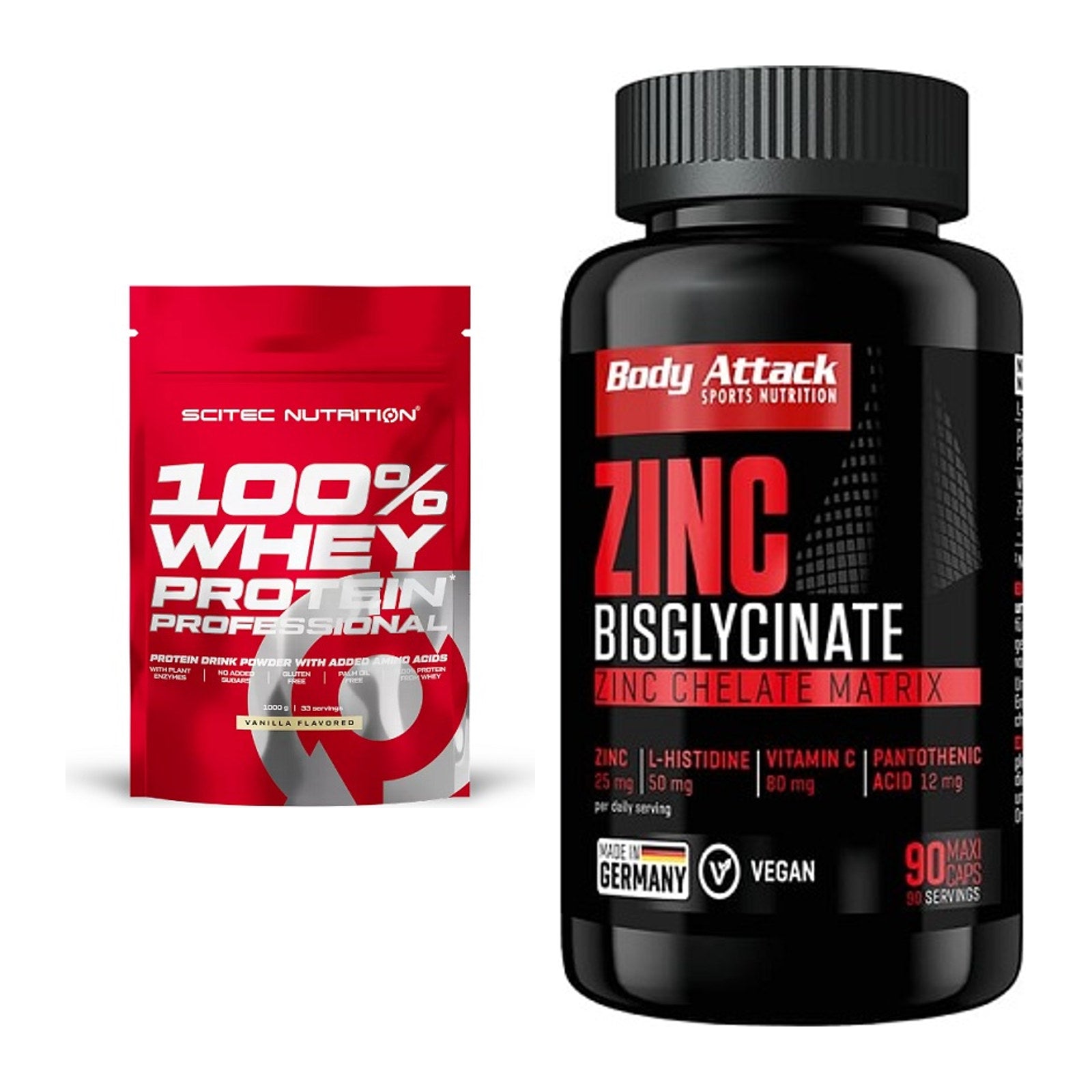 Basis-Set: Scitec 100% Whey Protein + Body Attack Zink Bisglycinate – alle enthaltenen Artikel