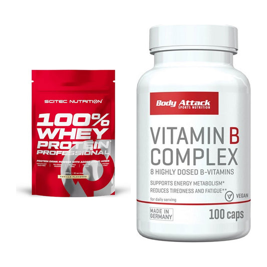 Basis-Set: Scitec 100% Whey Protein + Body Attack Vitamin B-Complex – alle enthaltenen Artikel