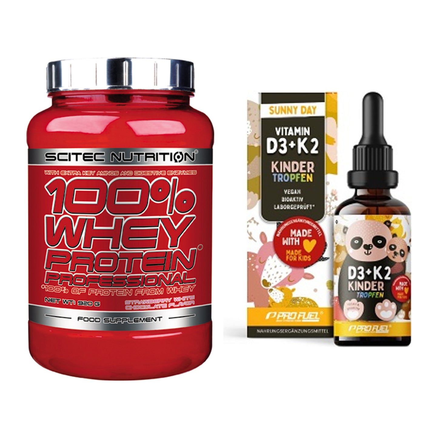 Basis-Set: Scitec 100% Whey + ProFuel VITAMIN D3 + K2 – alle enthaltenen Artikel