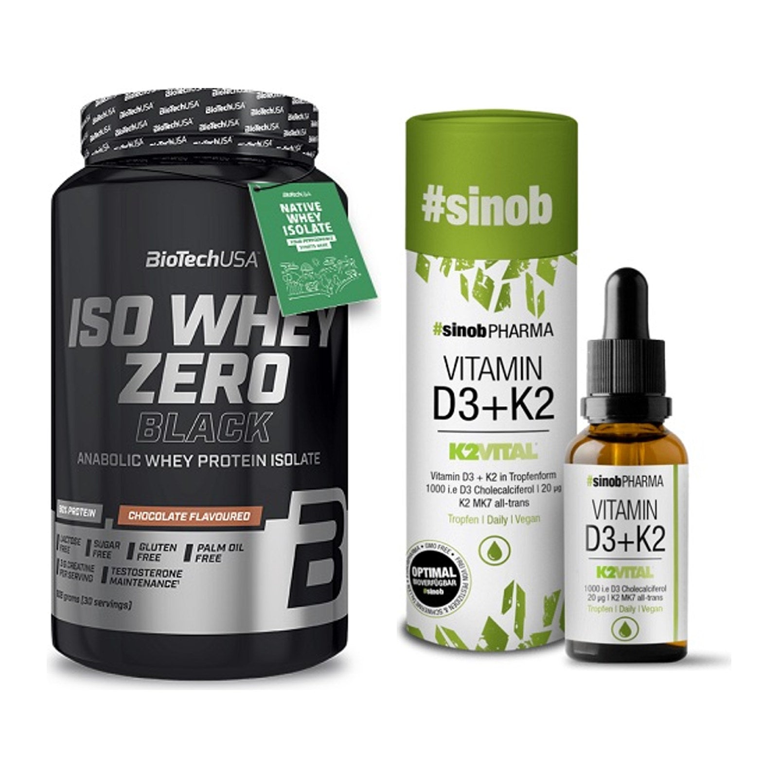 Basis-Set: BioTech Iso Whey Zero Black + Sinob Vitamin D3 + K2 Tropfen – alle enthaltenen Artikel