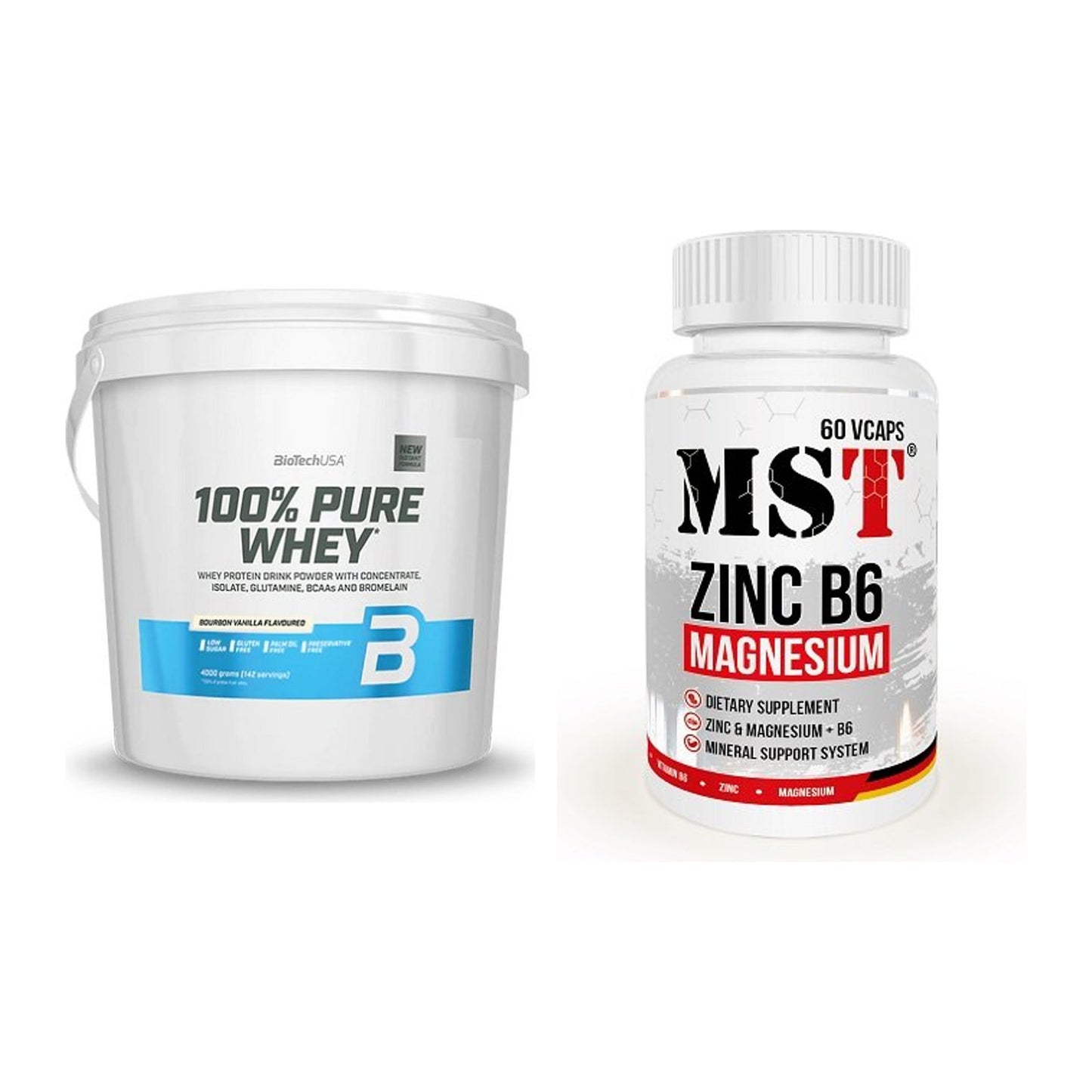 Basis-Set: BioTech 100% Pure Whey + MST Zinc + Magnesium + B6 60 – alle enthaltenen Artikel