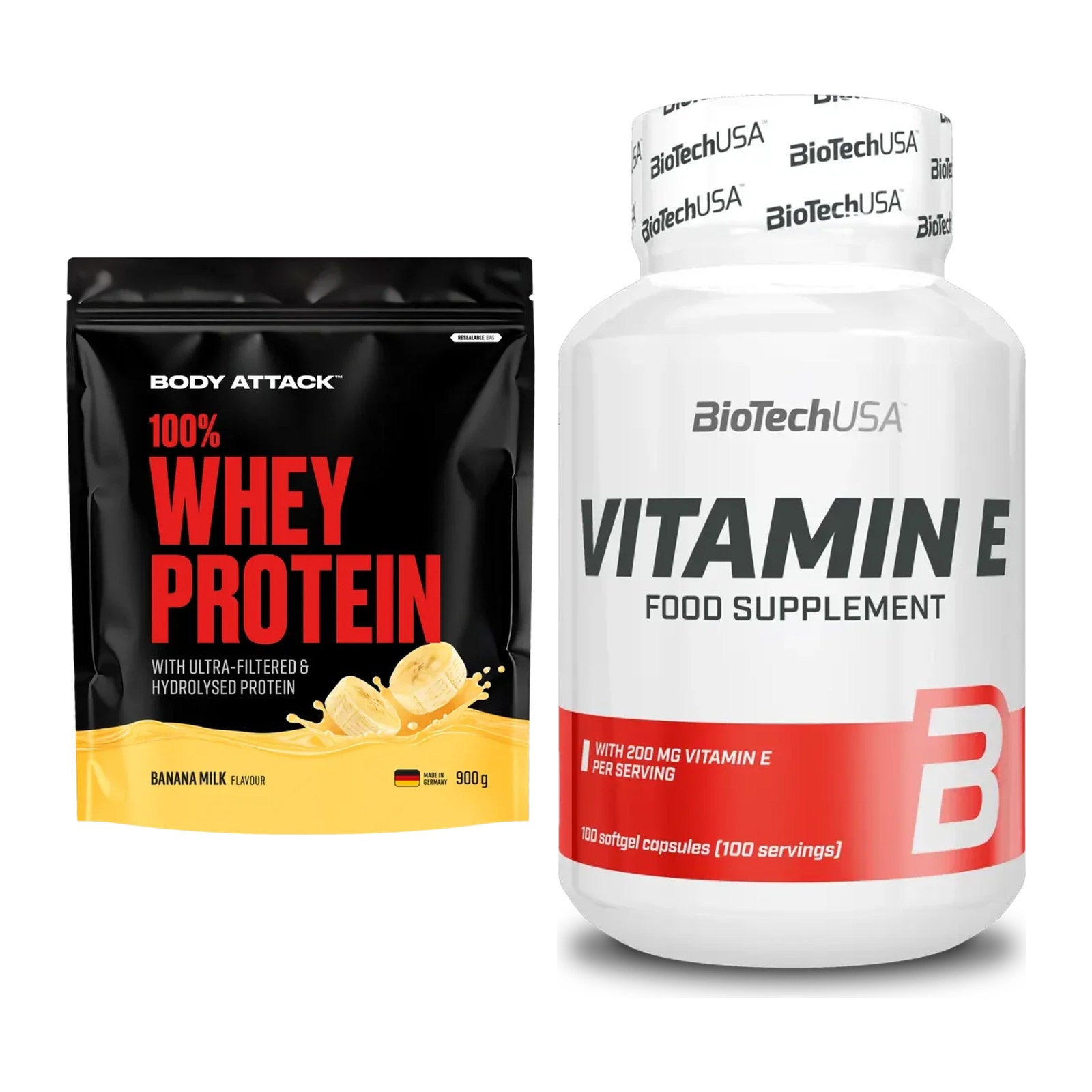 Basis-Set: Body Attack 100% Whey + BioTech Vitamin E 100 – alle enthaltenen Artikel