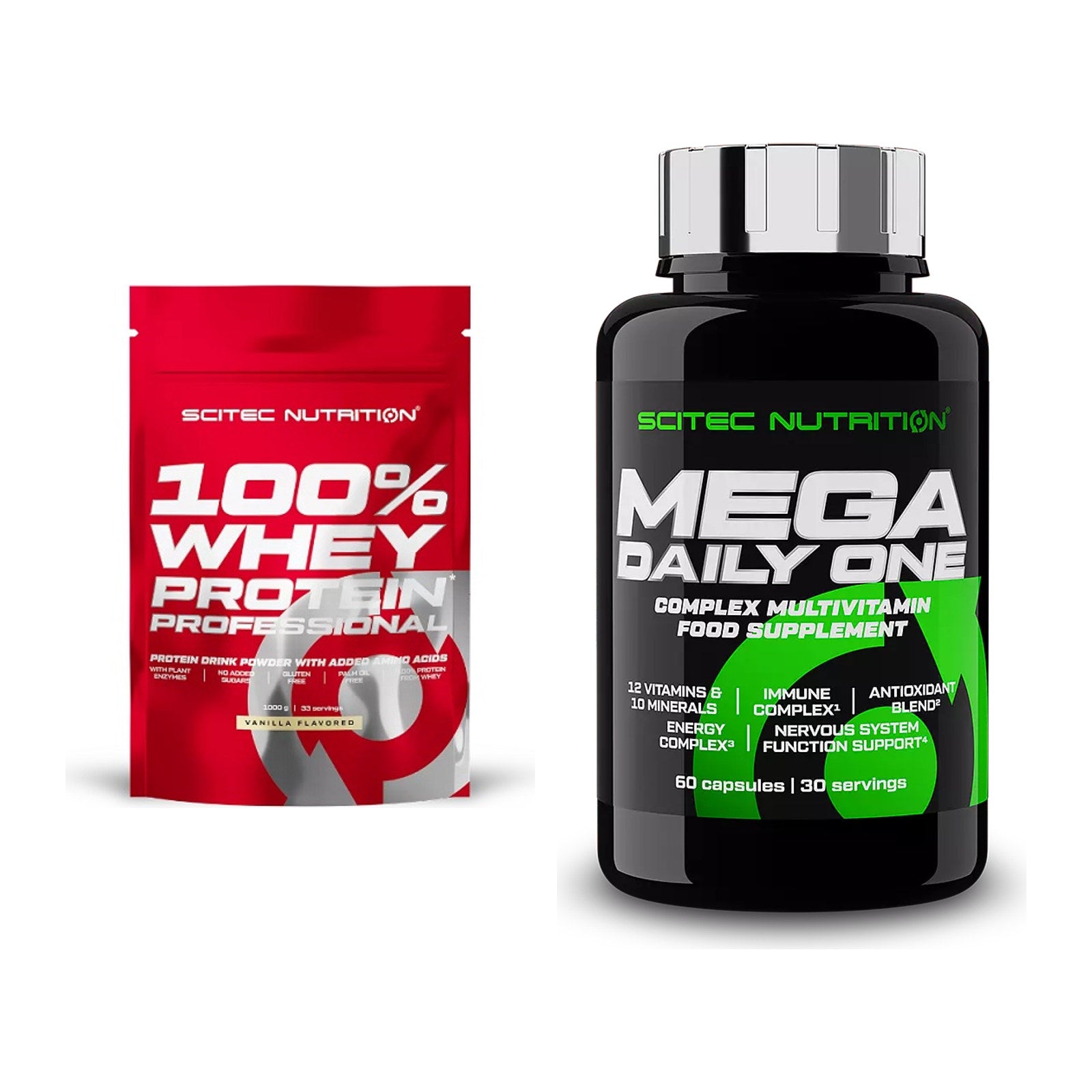Basis-Set: Scitec 100% Whey Protein + Scitec Mega Daily One Plus – alle enthaltenen Artikel